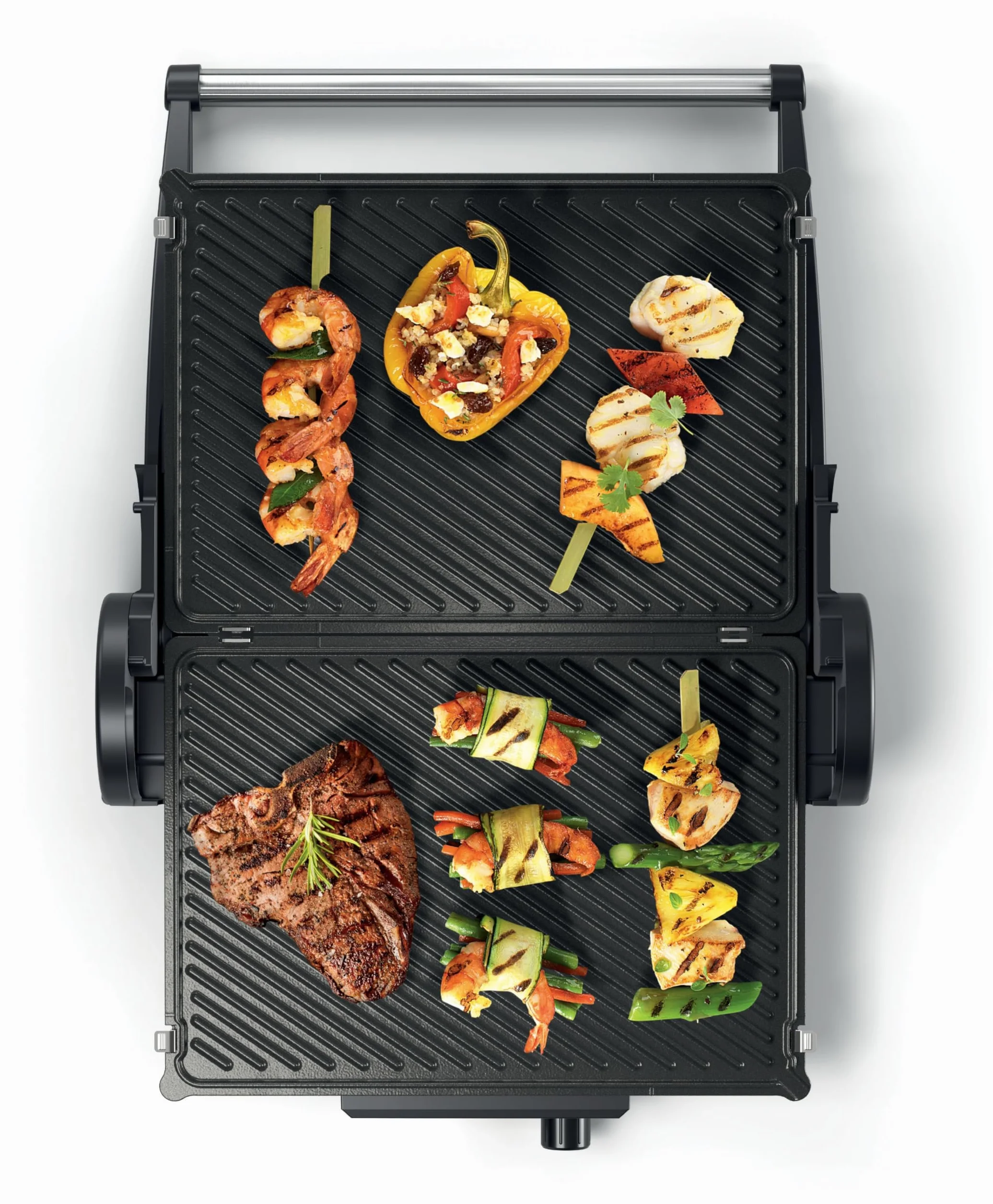 Bosch, grill elektryczny, 3 w 1, płyty z powłoką nieprzywierającą, regulacja temperatury, 2000 W, wyjmowane płyty, grill kontaktowy i stołowy, TCG4104, czerwony