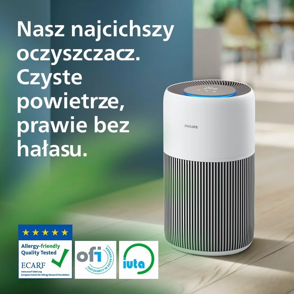 Philips Oczyszczacz powietrza Serie 2200, HEPA NanoProtect + Filtr węglowy, CADR 400m³/h do 104m², Dla alergików, Ultra cichy, Inteligentny i trwały filtr (AC2210/10)