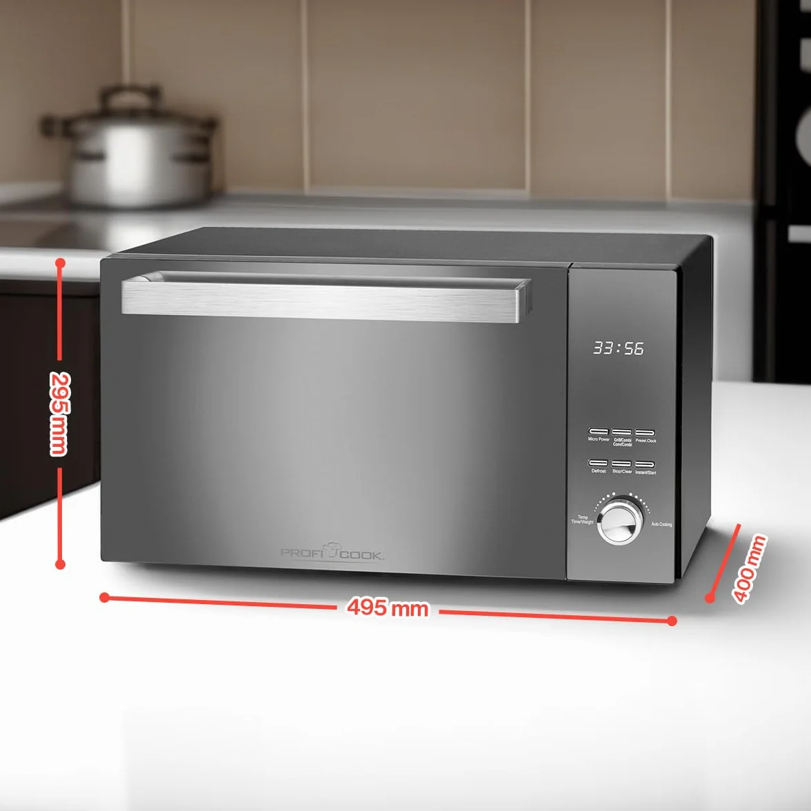 ProfiCook PC-MWG 1204 kuchenka mikrofalowa z grillem, pojemność 23 l, moc kuchenki mikrofalowej 800 W, moc grillowania 1000 W, podwójne przeszklone pionowe drzwi z wysokiej jakości uchwytem ze stali nierdzewnej, kolor czarny