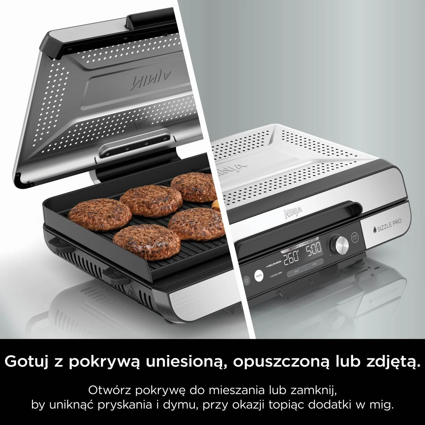 Ninja Sizzle Pro XL Grill z płytą płaską ma płytę grillową z nieprzywierającą powłoką ceramiczną i płaską płytę górną, zdejmowaną pokrywę, tackę na tłuszcz i książkę kucharską, srebrny/czarny GX101EU