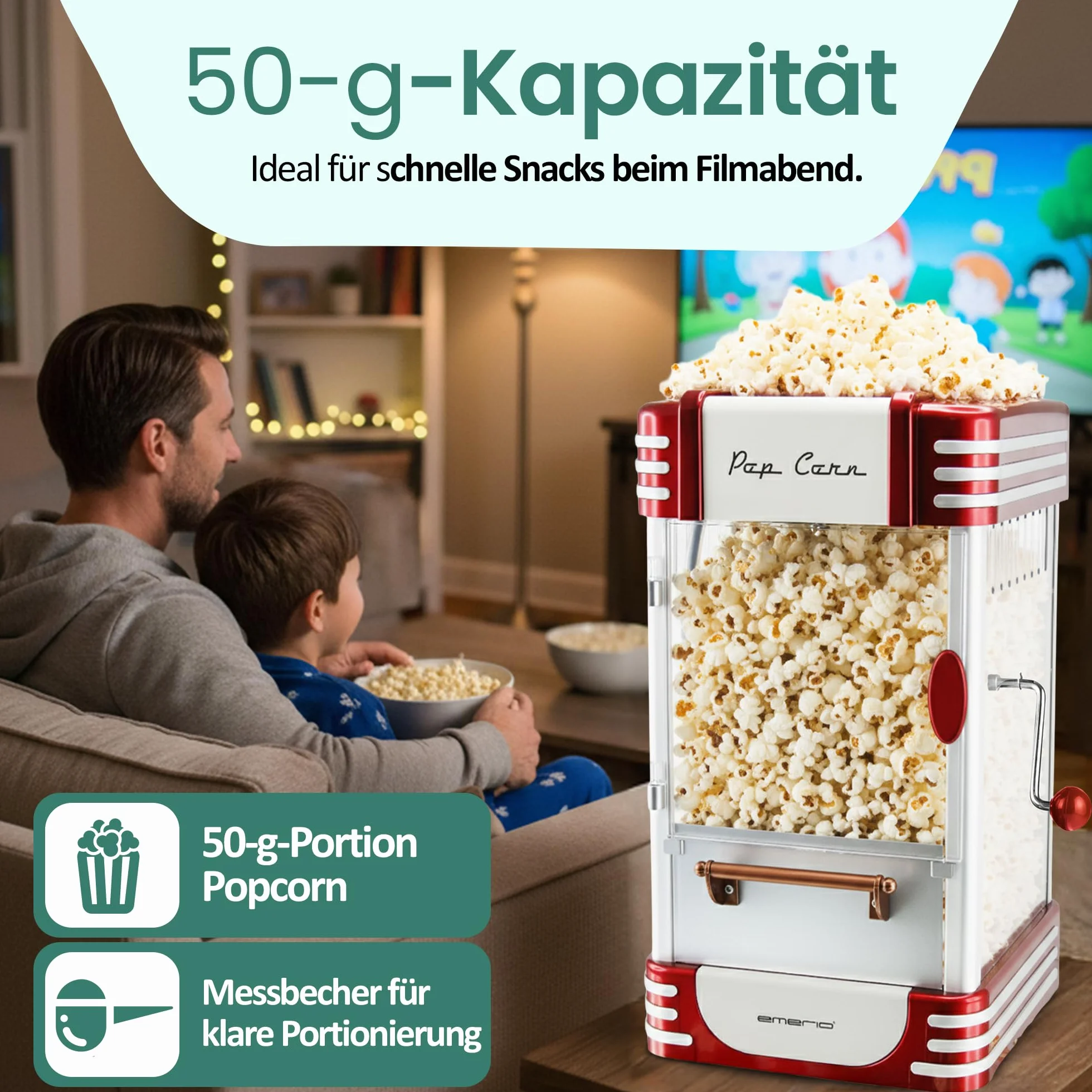Emerio Maszyna do popcornu POM-120650, pojemnik z powłoką zapobiegającą przywieraniu, nadaje się również do słodkiego lub słonego popcornu, 360 W, duża