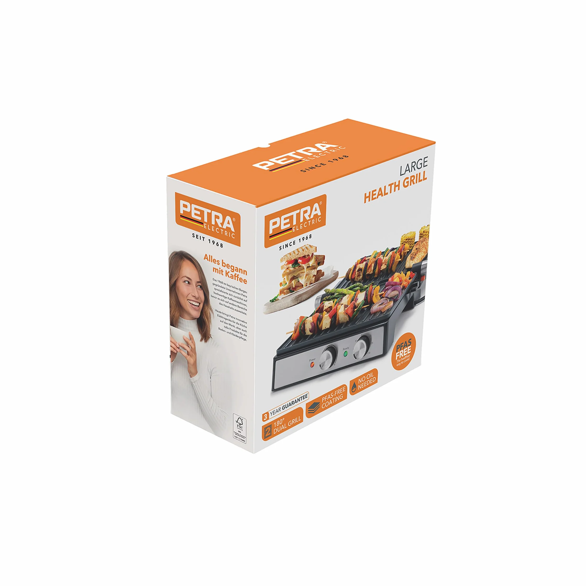 Petra PT6234VDE Elektryczny Grill – Duze Plyty Gillingowe, Otwiera sie do 180° na podwójna powierzchnie gotowania, Ceramiczna powloka nieprzywierajaca bez PFAS, Regulowana temperatura i timer, 2000 W