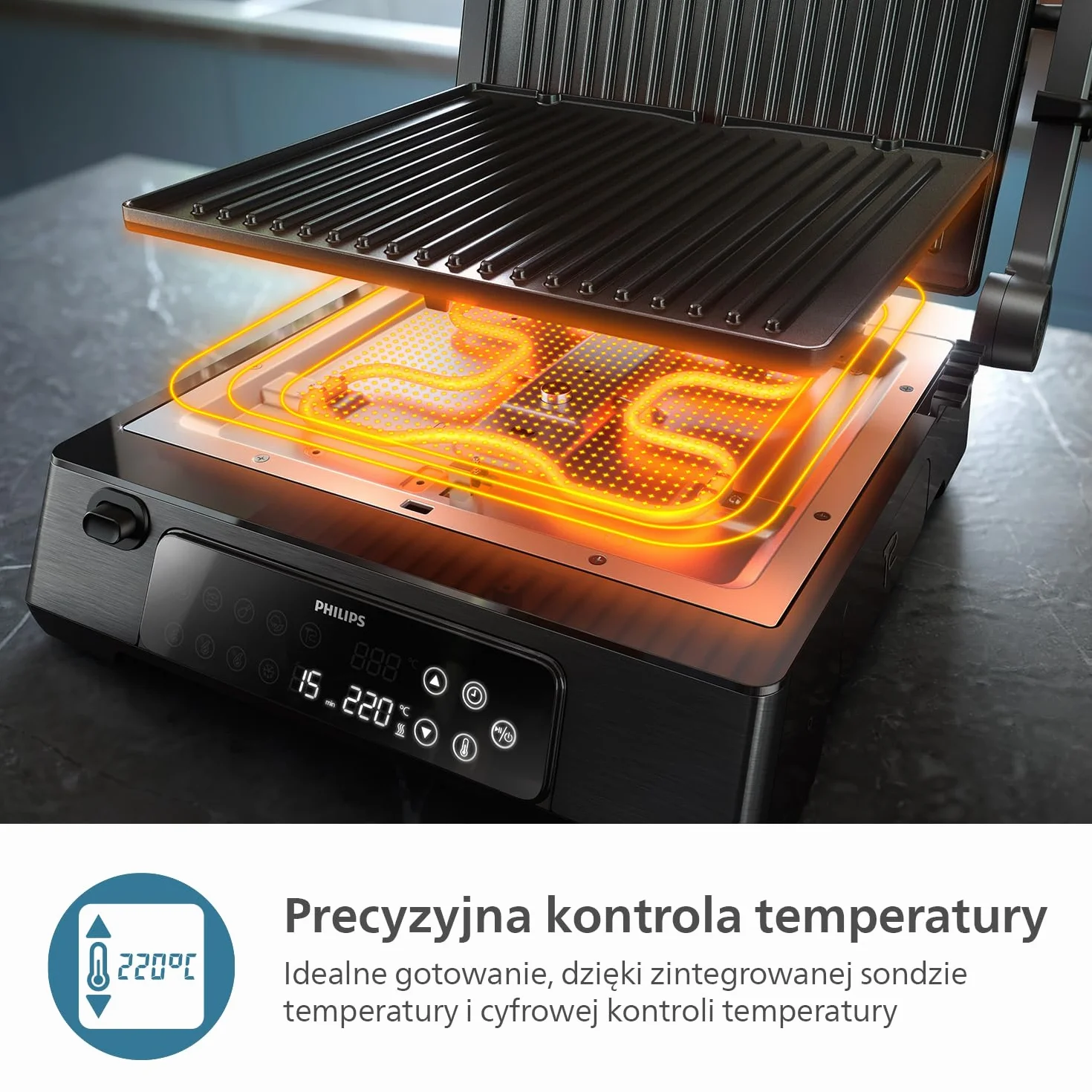 Philips Grill Elektryczny - Sonda Temperatury i 8 Zaprogramowanych Funkcji Grill z Dużą Powierzchnią Grillowania. Cyfrowa Regulacja Temperatury. Łatwy w Czyszczeniu (HD6307/70)