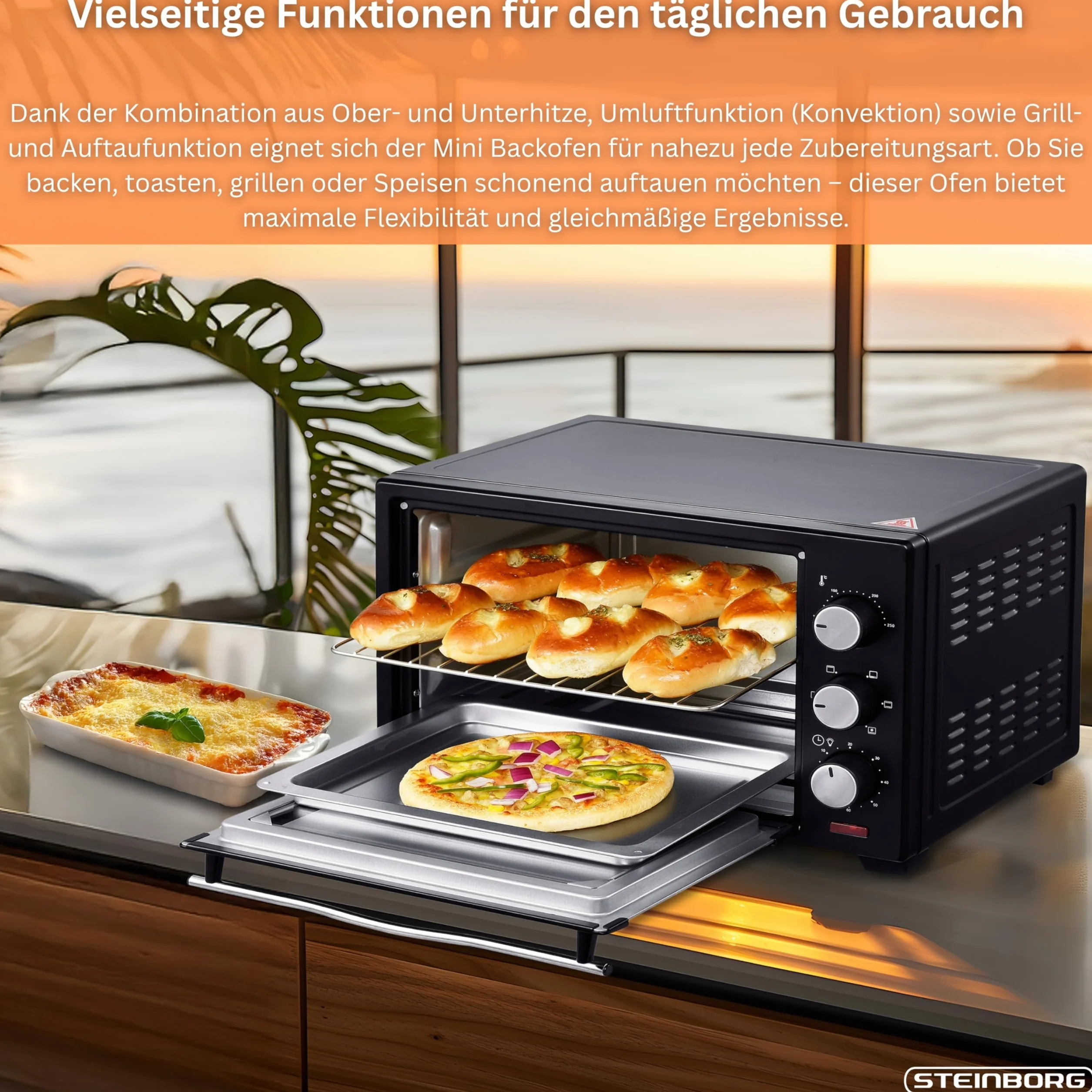 Steinborg Mini Piekarnik 25 Litrów - Piec Do Pizzy 3 w 1, Blacha Na Okruchy, Ogrzewanie Górne/Dolne, Konwekcja, Timer 60 Min, 1600 W, Czarny