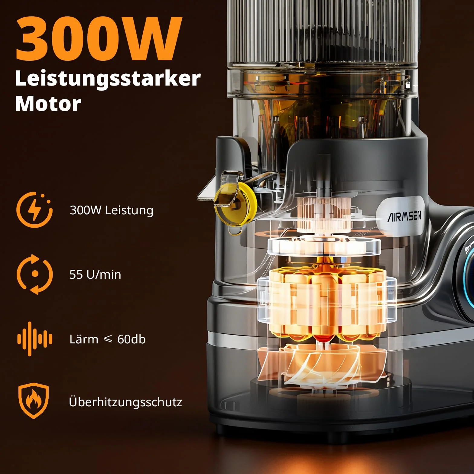 AIRMSEN Wyciskarka do soków – wolnoobrotowa wyciskarka z 147mm bardzo dużym otworem wlotowym, pojemność 2,1L, silnik 300W, 7+1 stopni ulepszony wolny spiralny tłok, wysoka wydajność soku dla całych