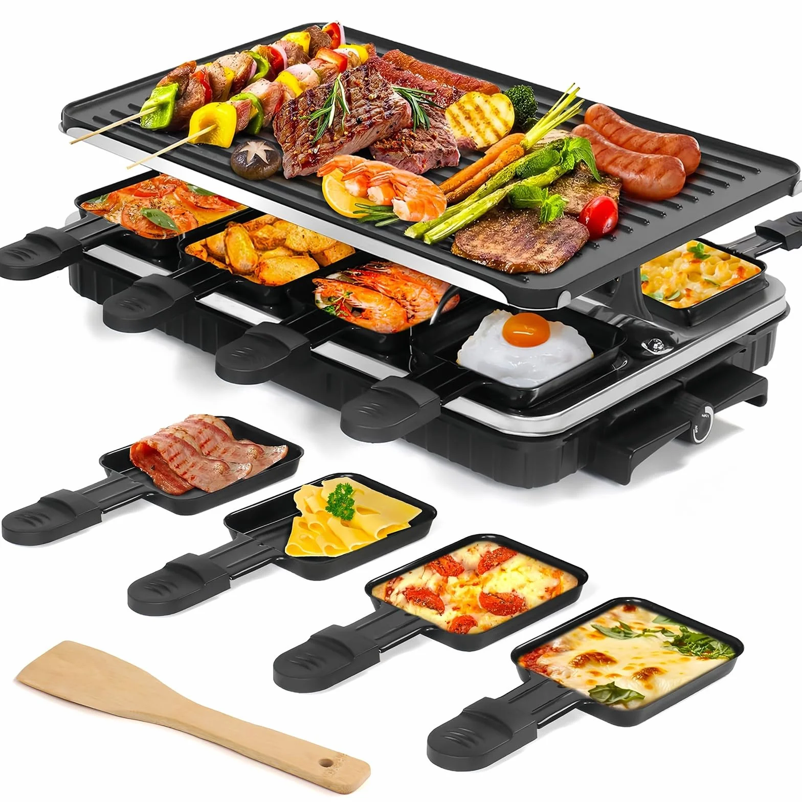 Elektryczny grill raclette 1300W dla 8 osób z powłoką nieprzywierającą, 8 mini patelniami i łopatką