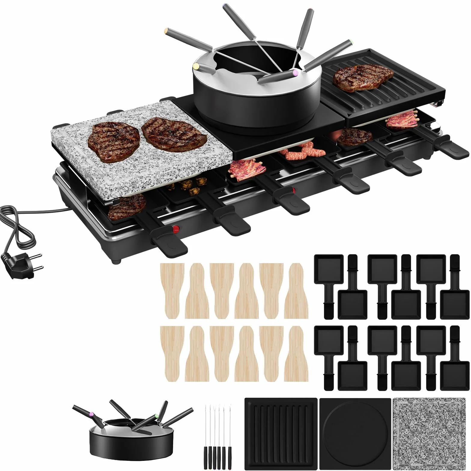 ACXIN Grill do raclette 3 w 1 i zestaw do fondue 1650 W dla 12 osób z płytą kamienną