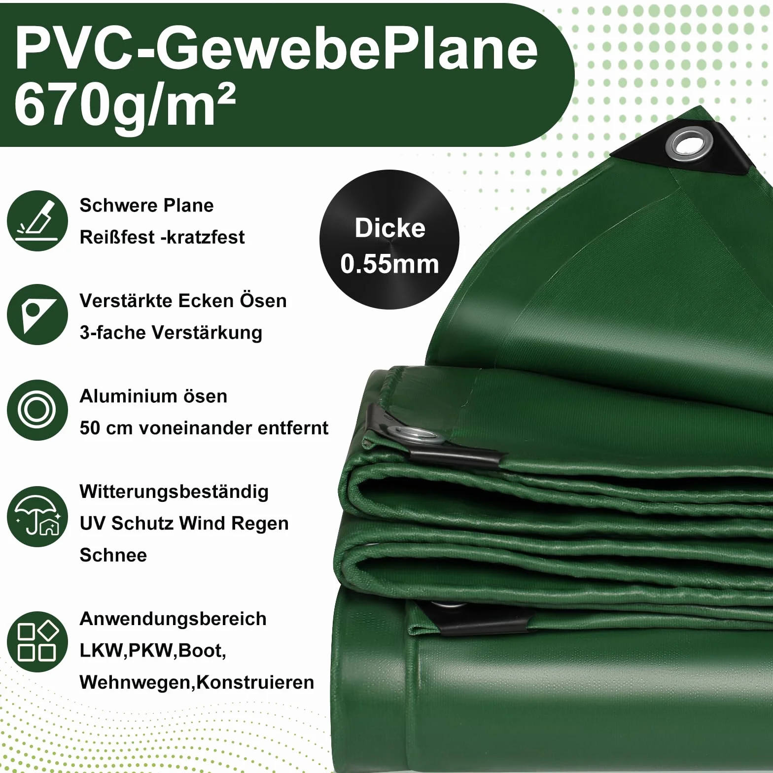 Plandeka okryciowa 670 g/m², do samochodów ciężarowych, z oczkami, wodoszczelna, odporna na rozerwanie, wzmocnione krawędzie, plandeka ochronna na samochód, na basen, prace budowlane, dach (4 x 6 m)