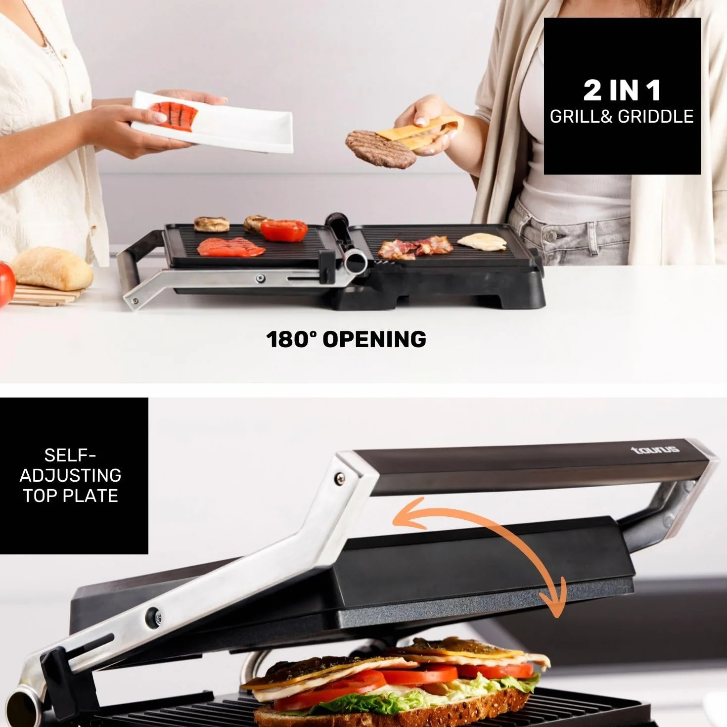 Taurus Grill i żelazko 2 w 1 2600 W Nieprzywierające płyty 29 x 23 cm Regulacja wysokości i przysłony 180°