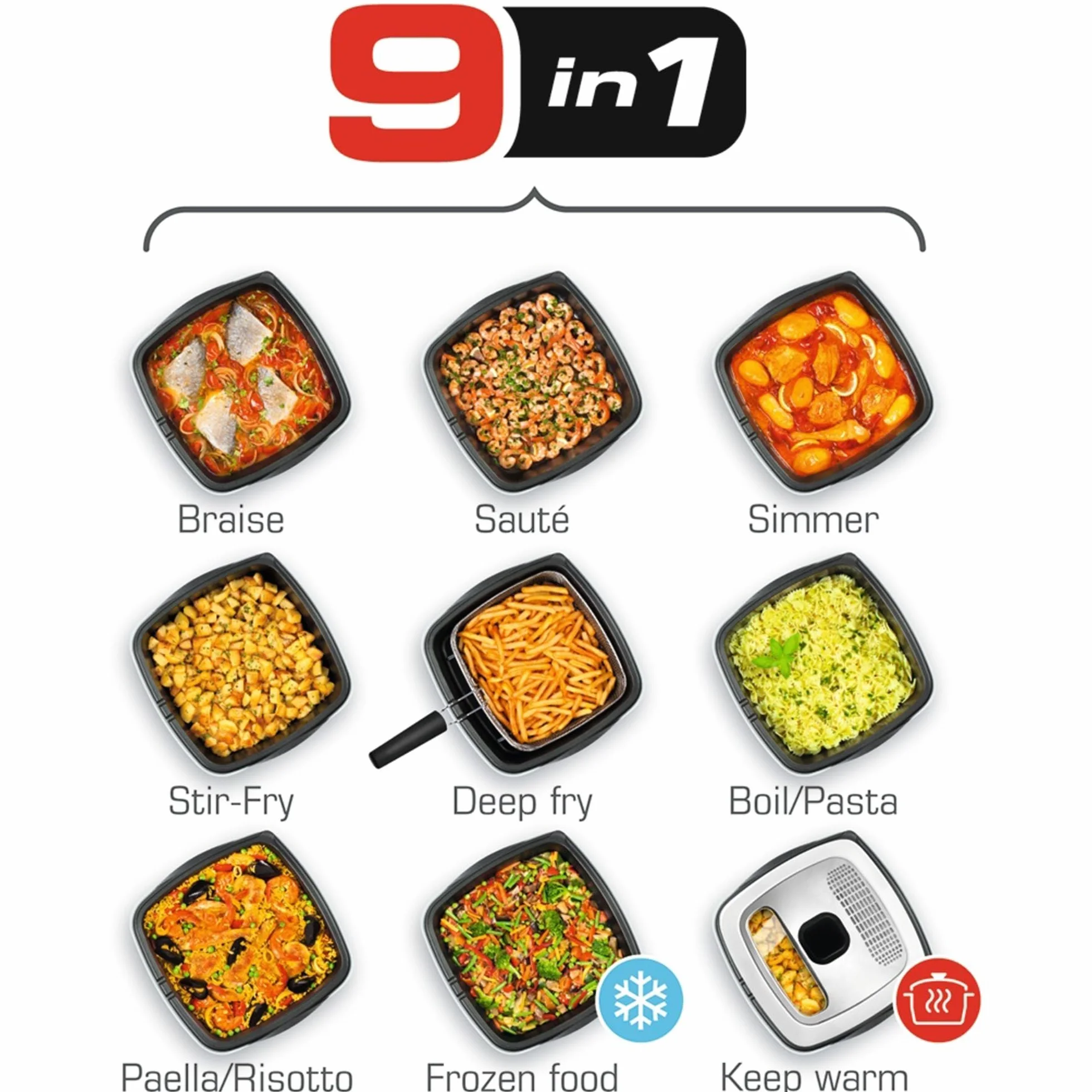 TEFAL FR4950 Multicooker VERSALIO 9 w 1, pokrywa do gotowania z okienkiem, powłoka nieprzywierająca, wskaźnik poziomu oleju, wyjmowany timer, biały
