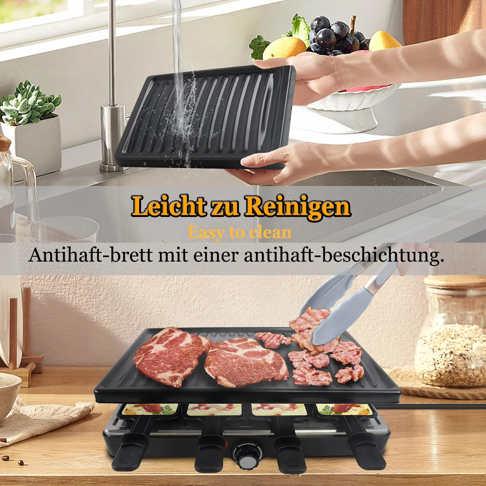 Raclette grill stołowy dla 8 osób, elektryczny, płyta granitowa, zestaw 8 patelenek