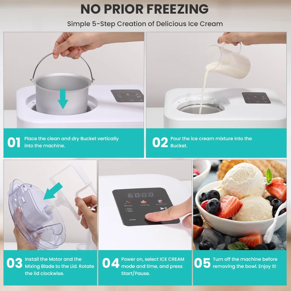 Maszyna do lodów z kompresorem 1.2L 3 tryby lody gelato sorbety smoothie bowl koktajle mleczne