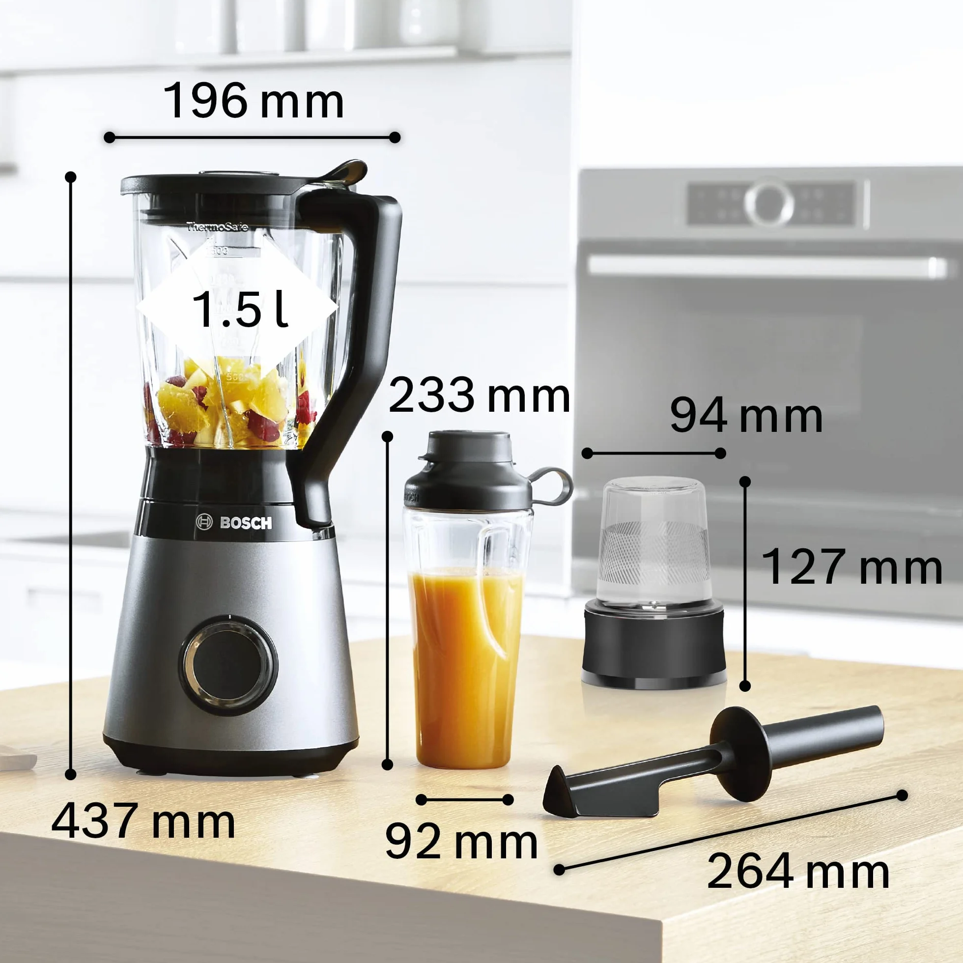 Bosch Mikser stojący VitaPower seria 4 MMB6177S, 1,5 l ThermoSafe szklany pojemnik, 30 000 obr/min, stal nierdzewna