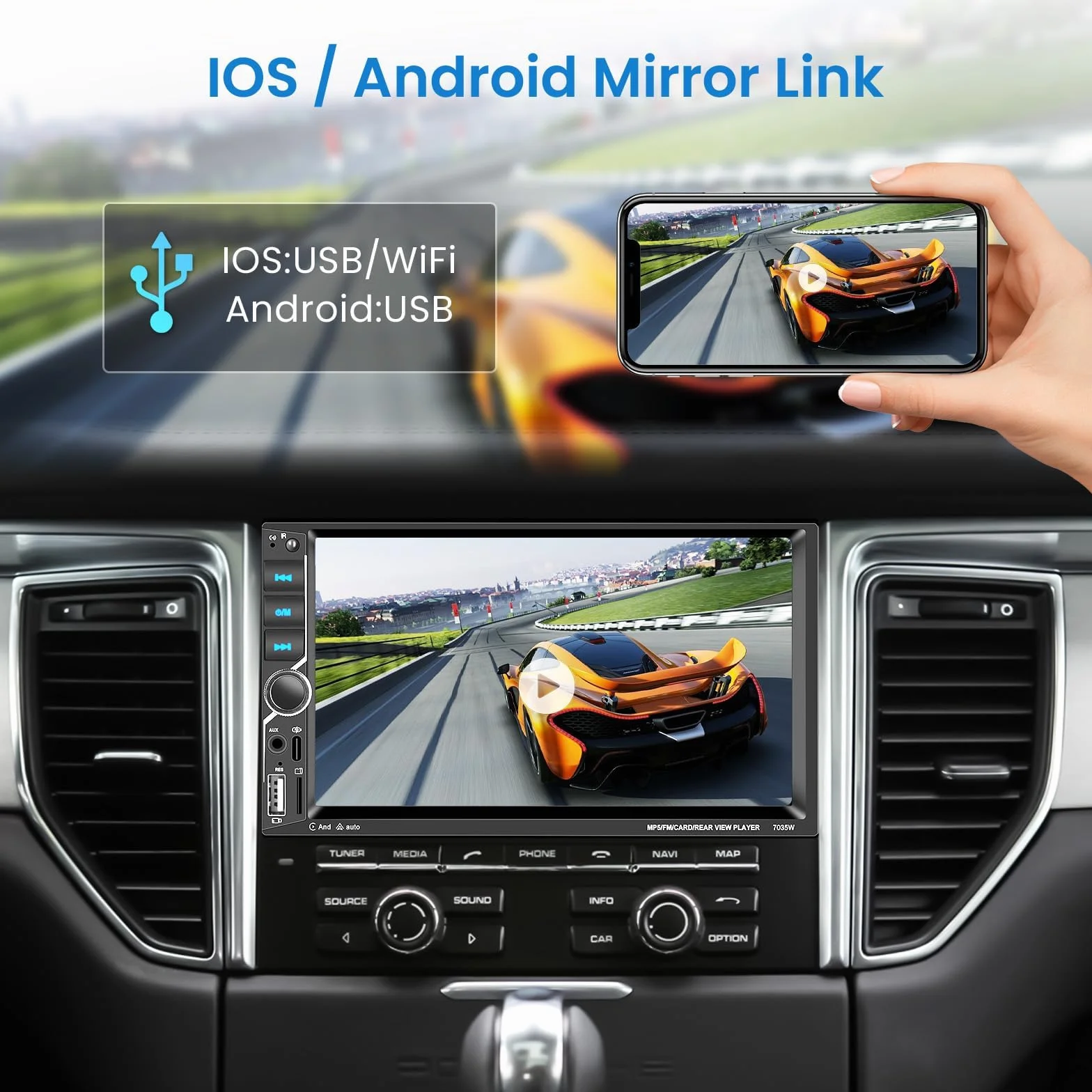 VECHTEL Radio samochodowe 2 DIN z bezprzewodowym Carplay Android Auto, 7-calowy ekran dotykowy, radio samochodowe Bluetooth, radio FM, Typ-C/USB/TF/AUX, MirrorLink, kamera cofania, sterowanie zdalne