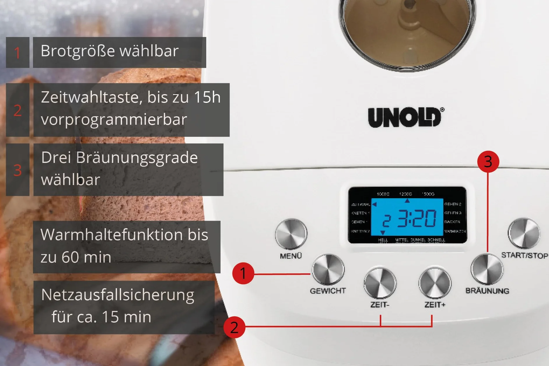 UNOLD 68520 BACKMEISTER Big White do 1500 g chleba, z 15 programami do bezglutenowego chleba, funkcja timera, funkcja utrzymania towaru, wyświetlacz LCD, biały