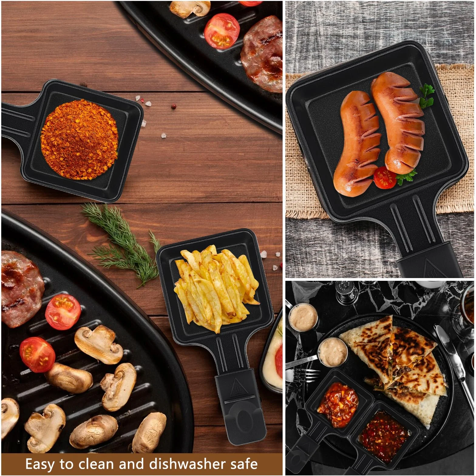 Zestaw 4 patelni raclette, zamienników patelni do raclette grill, z powłoką nieprzywierającą i 4 drewnianymi szpatułkami do grillowania serów, jaj