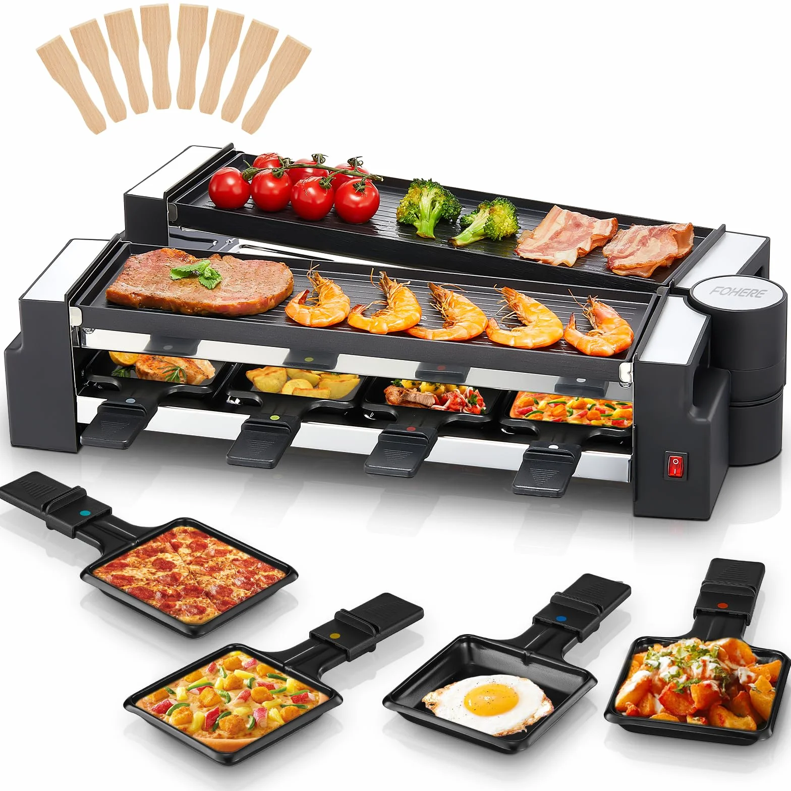 FOHERE Grill Raclette 1400 W dla 8 Osób, Nieprzywierająca Płyta, Matowa Stal Nierdzewna