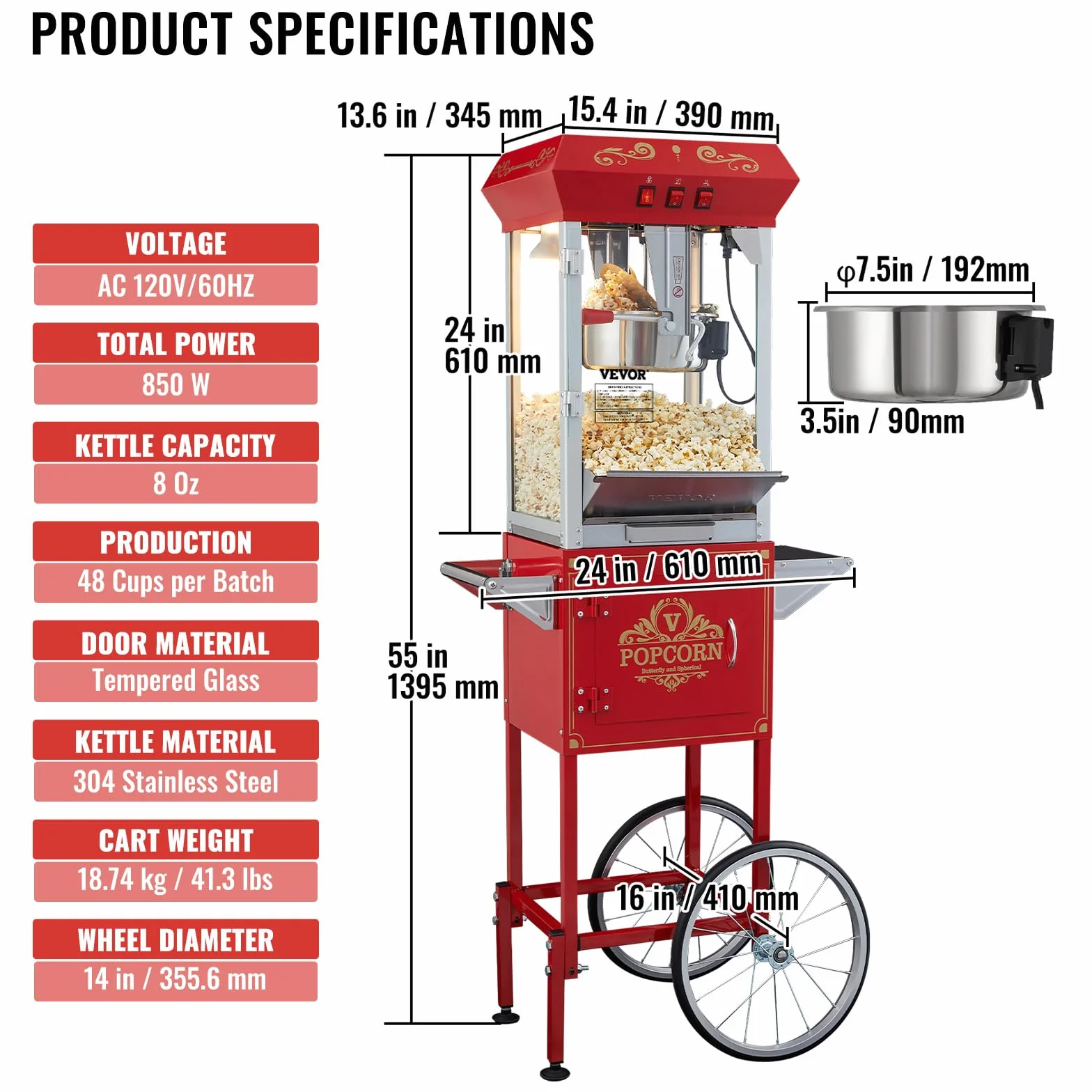 VEVOR Maszyna do popcornu z wózkiem 850 W, czajnik elektryczny 0,22 kg, 48 filiżanek, szkło hartowane