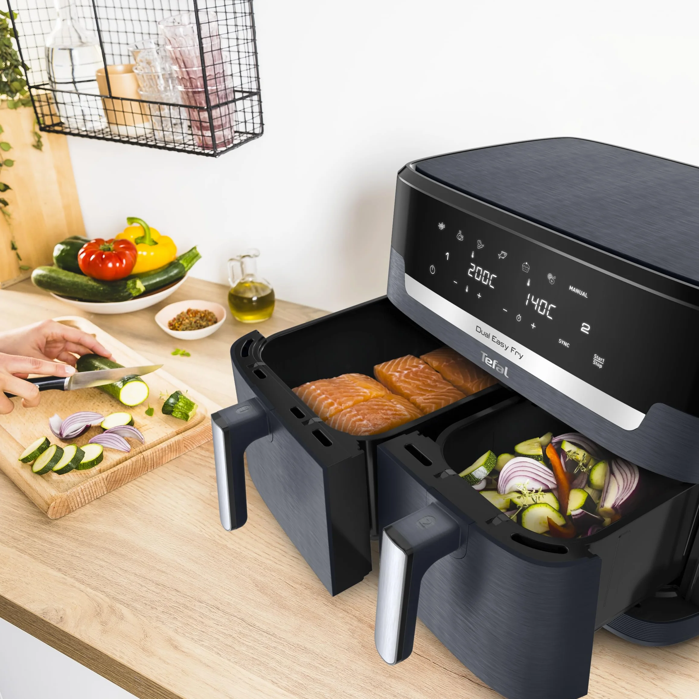 TEFAL EY942B Frytkownica beztłuszczowa Dual Easy Fry XXL 11 l 6,5 l + 4,5 l Extra Crisp szara