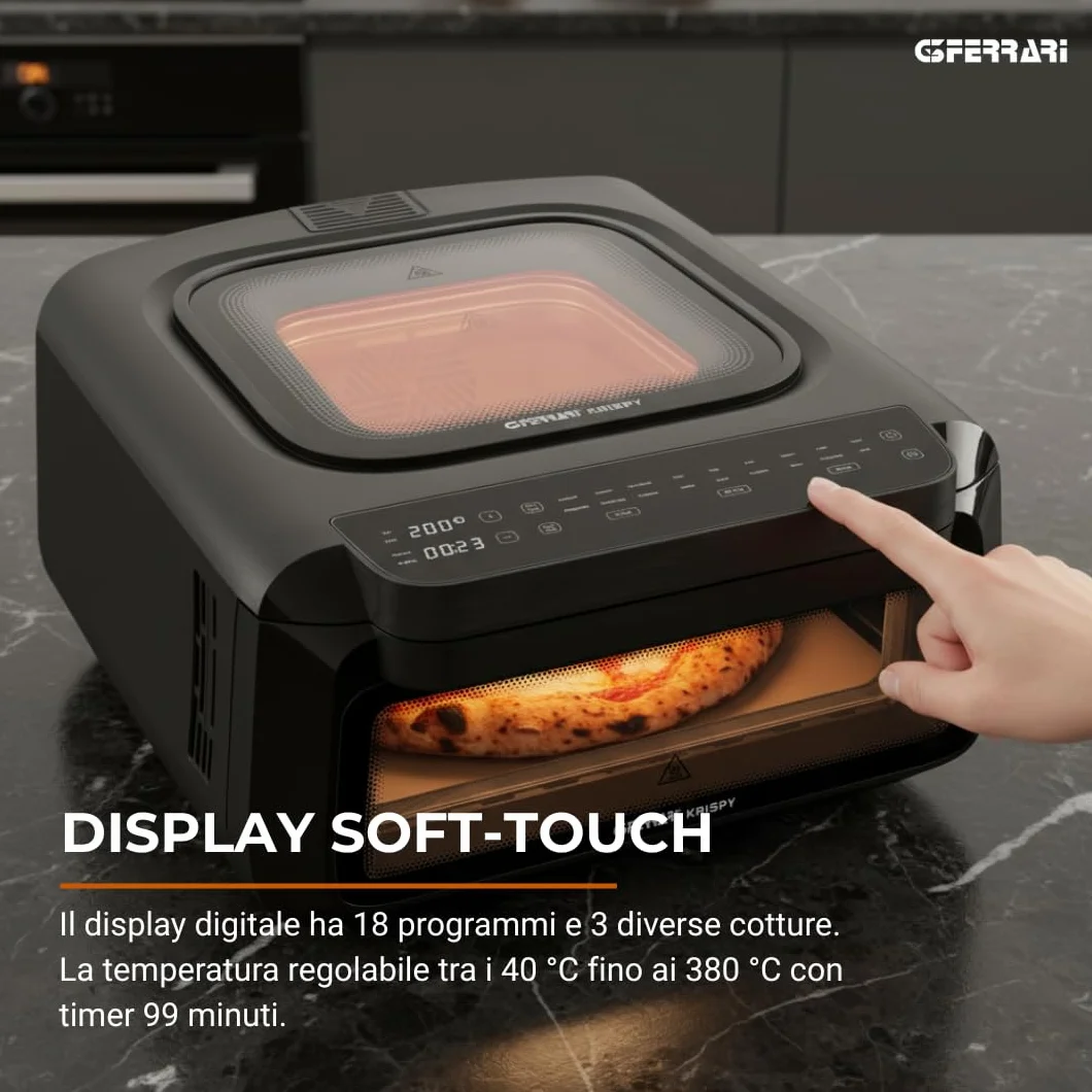 G3 Ferrari Krispy G10225 piec do pizzy i frytkownica beztłuszczowa, wielofunkcyjny, 2100 W, 13 l, technologia HOBLO, wyświetlacz Soft-Touch z 18 programami, do 380°C, akcesoria w zestawie, czarny
