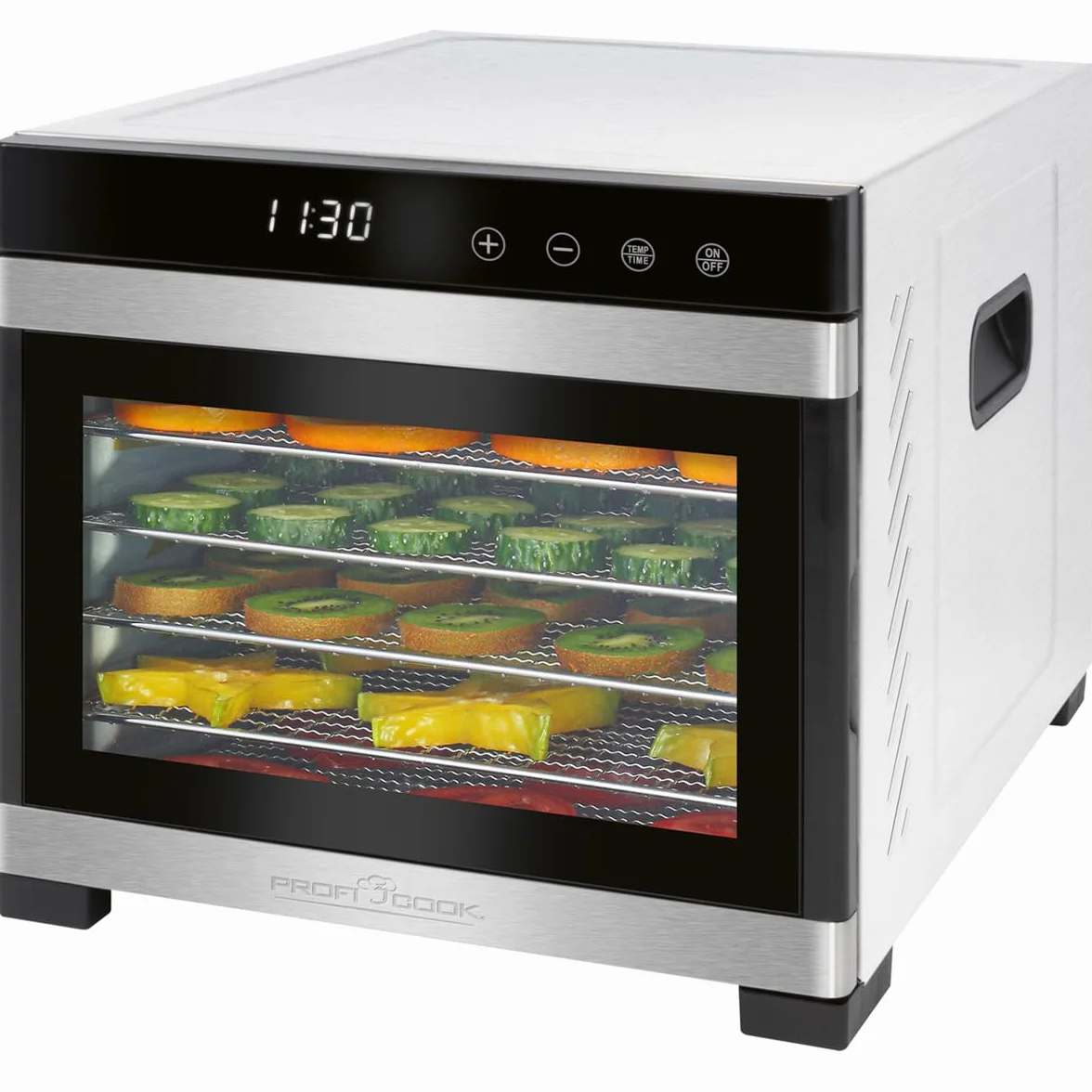 ProfiCook® PC-DR 1218 suszarka do włosów, stal nierdzewna, regulator temperatury 35-75°C, nie zawiera BPA, funkcja timera, 6 poziomów, wyświetlacz LED, obsługa dotykowa, owoce, mięso, owoce, 650 W,