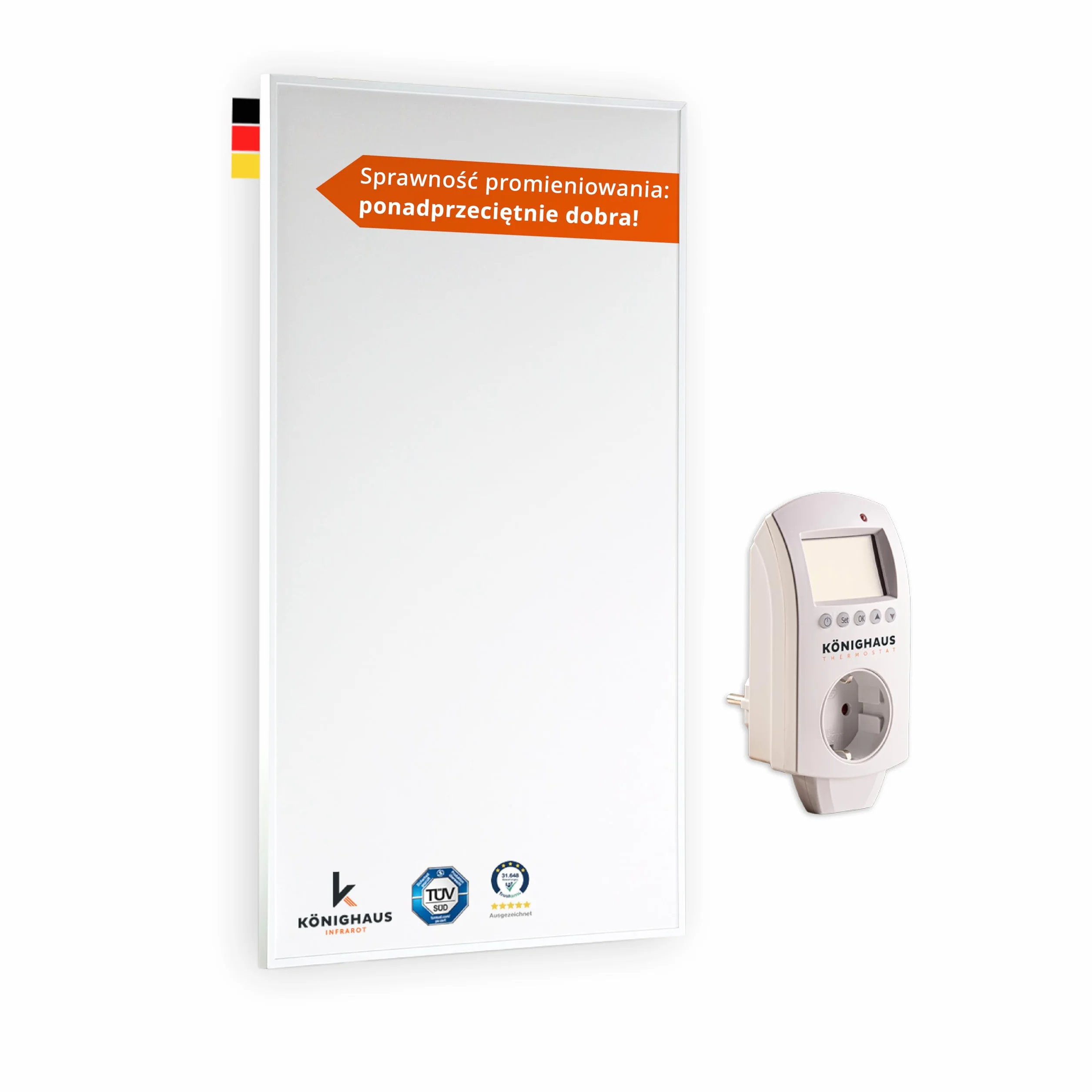 Könighaus grzejnik na podczerwień – 1000 W Eco-Model ✓ Podwójne zabezpieczenie przed przegrzaniem ✓ Grzejnik osiąga temperaturę roboczą w 2-4 min ✓ Do montażu na ścianie ✓ termostat