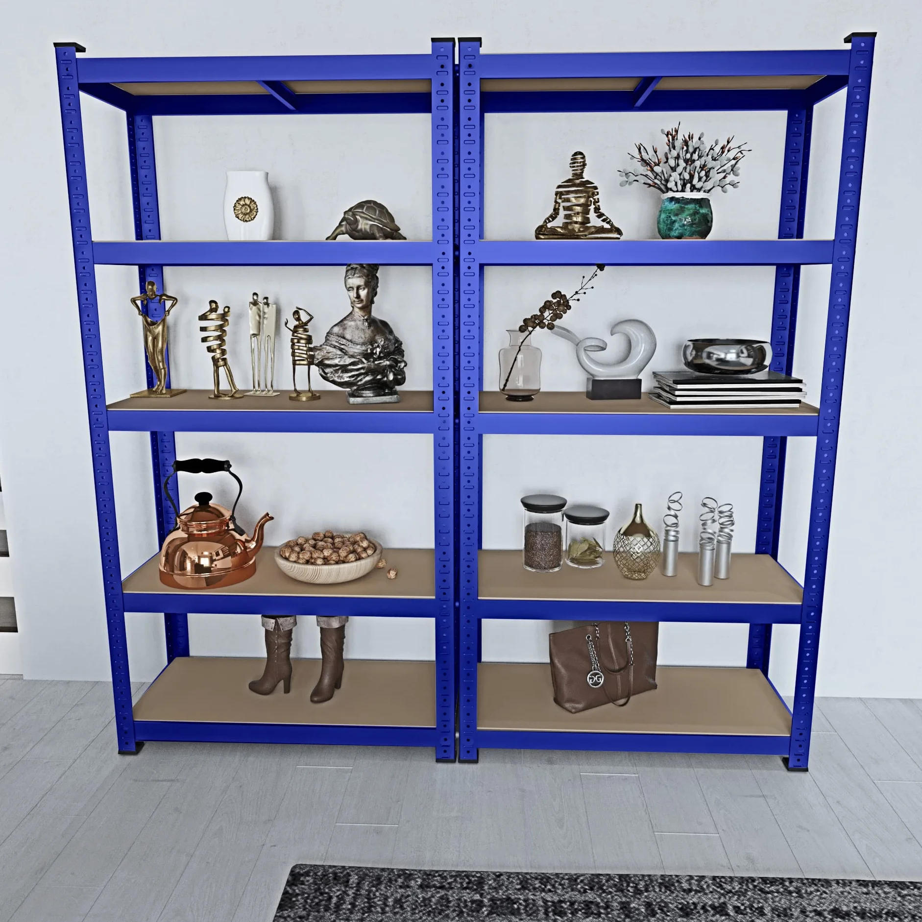2 Półki Metalowe I MDF Półki o wysokim przepływie do 875 kg Z 5 Regulowanymi Półkami Idealny Do Garażu Warsztat Piwnica Szopa Magazyn Modułowa Projekt 180 x 90 x 40 cm (Niebieski)