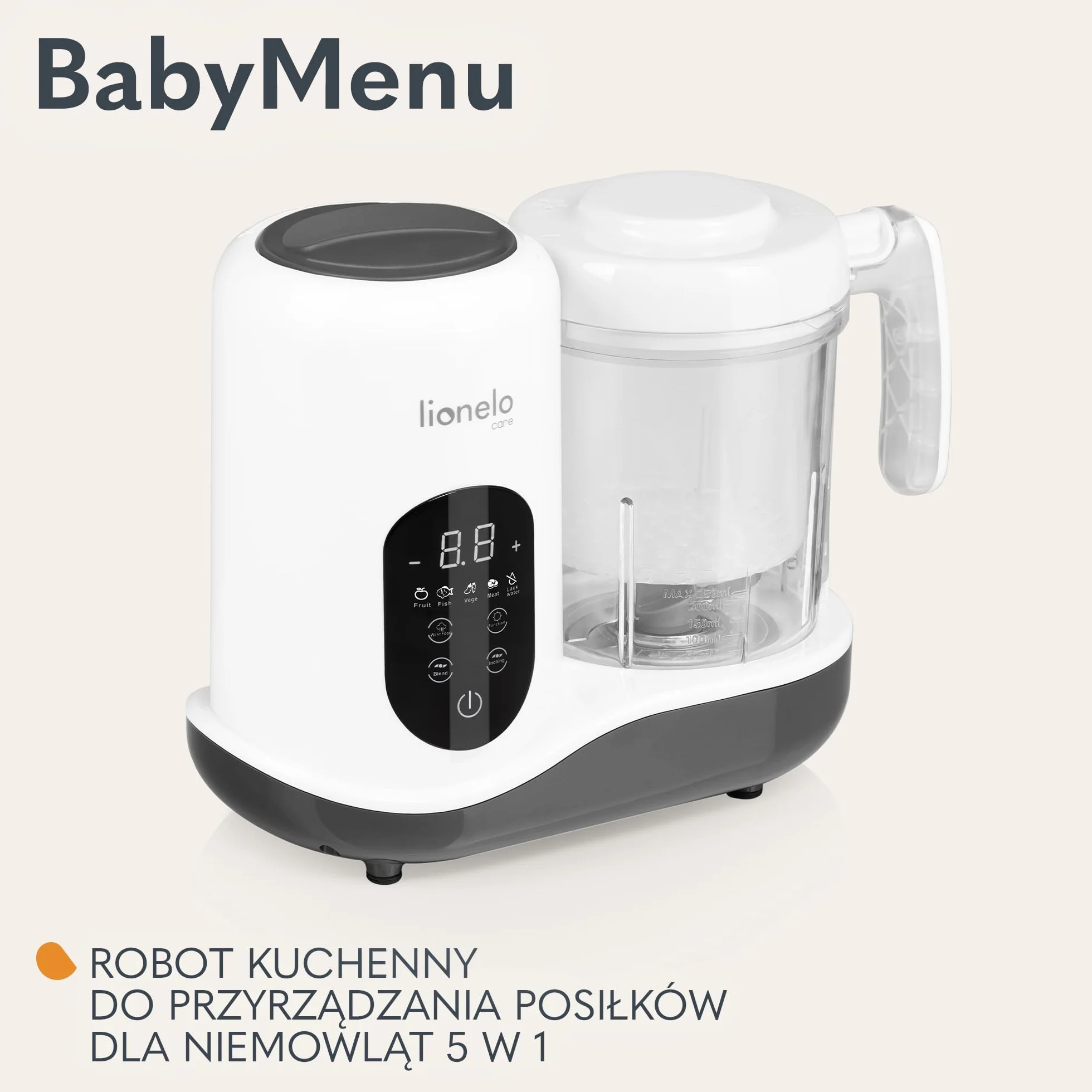 LIONELO BABYMENU Wielofunkcyjny Robot Kuchenny dla Niemowląt 300 4 Programy Gotowanie na Parze Blendowanie Podgrzewanie Rozmrażanie