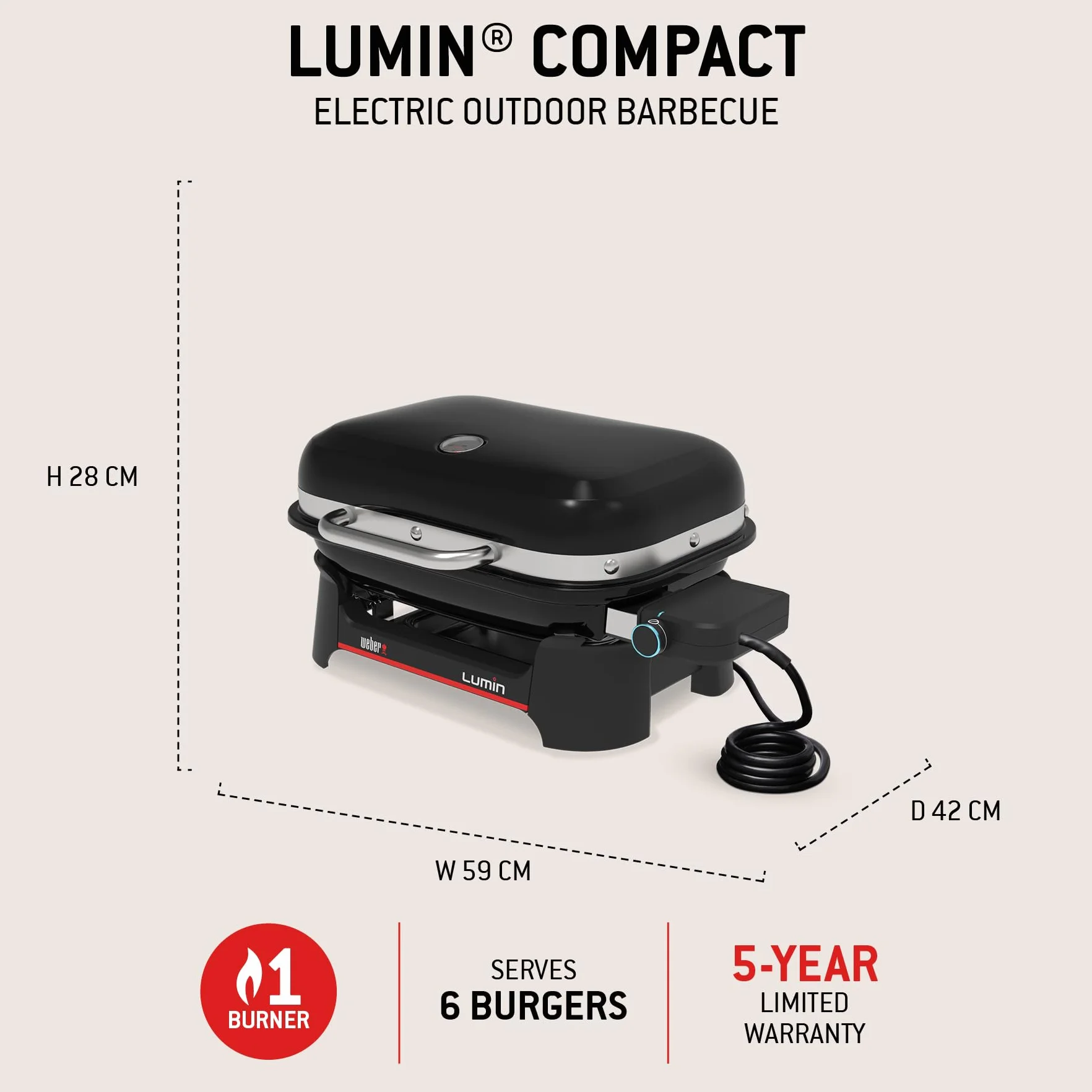 Weber Lumin Compact Przenośny Kompaktowy Grill Elektryczny, do 315 °C, z Termometrem w Pokrywie, Ruszty z Emaliowanego Żeliwa, Powierzchnia Grillowania 43 X 32 cm, Czarny (1502044)