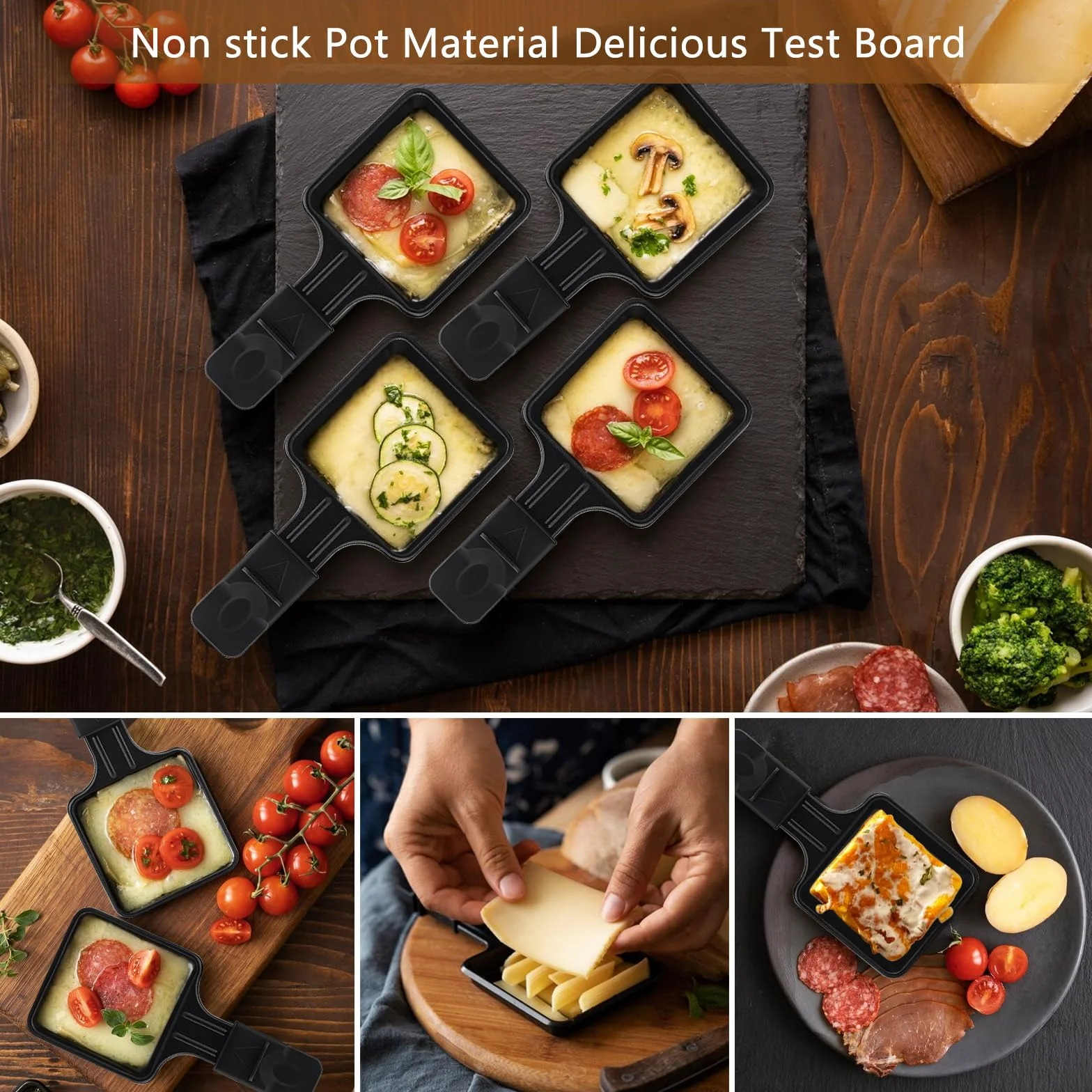 Zestaw 4 patelni raclette, zamienników patelni do raclette grill, z powłoką nieprzywierającą i 4 drewnianymi szpatułkami do grillowania serów, jaj