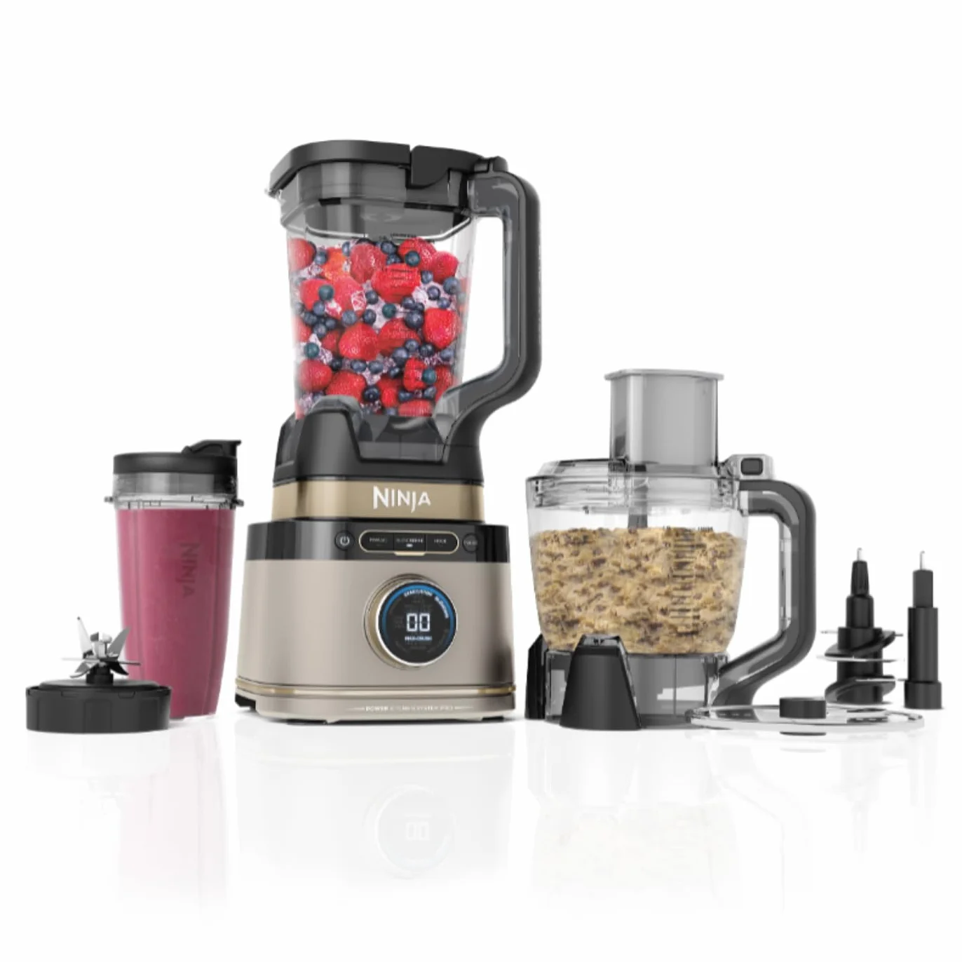 Ninja TB401EUSTGD 3-in-1 Detect Processor Pro Blender, robot kuchenny, ostrze do ciasta, kubki, dzbanek, złoty odcień kamienia