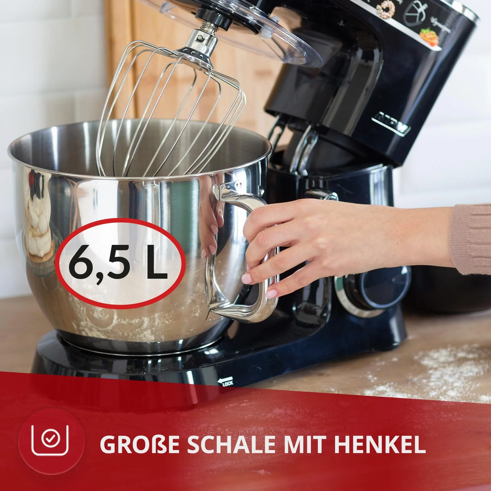 MPM MRK-19 Mikser Planetarny z Misą Mieszającą 6,5 l - Urządzenie Kuchenne do Ugniatania 2200 W - 6-stopniowa Regulacja Prędkości + Funkcja Pulse - Czarny