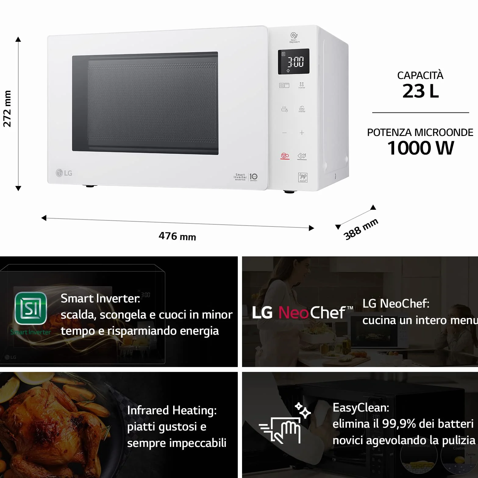 LG MH6336GIH Kuchenka Mikrofalowa z Inteligentnym Inwerterem i Grillem Kwarcowym, 23L, 1000W, Biała