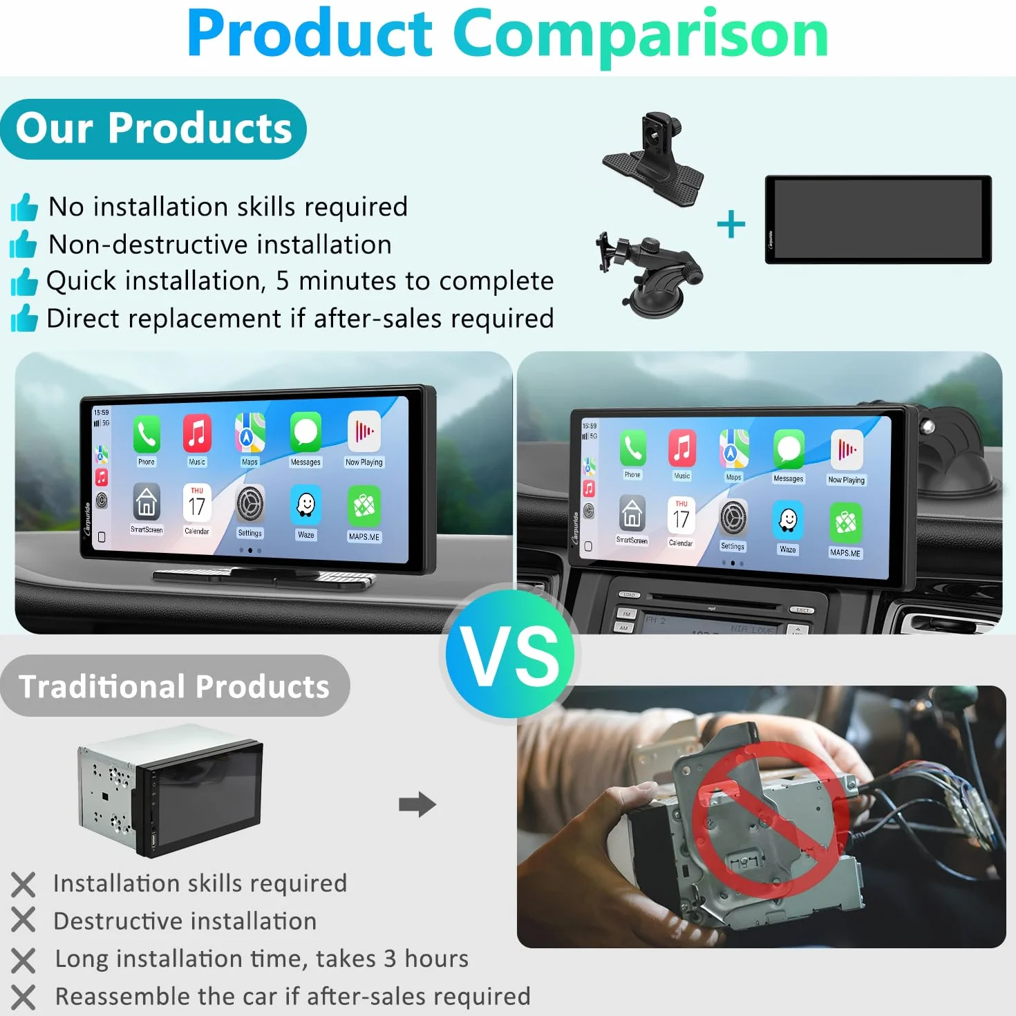 Carpuride V92 Przenośny samochodowy stereo, Bezprzewodowy Carplay i Android Auto, 10,26-calowe radio z ekranem dotykowym 1080P HD z BT 5.0, uchwyt na deskę rozdzielczą do samochodów ciężarowych