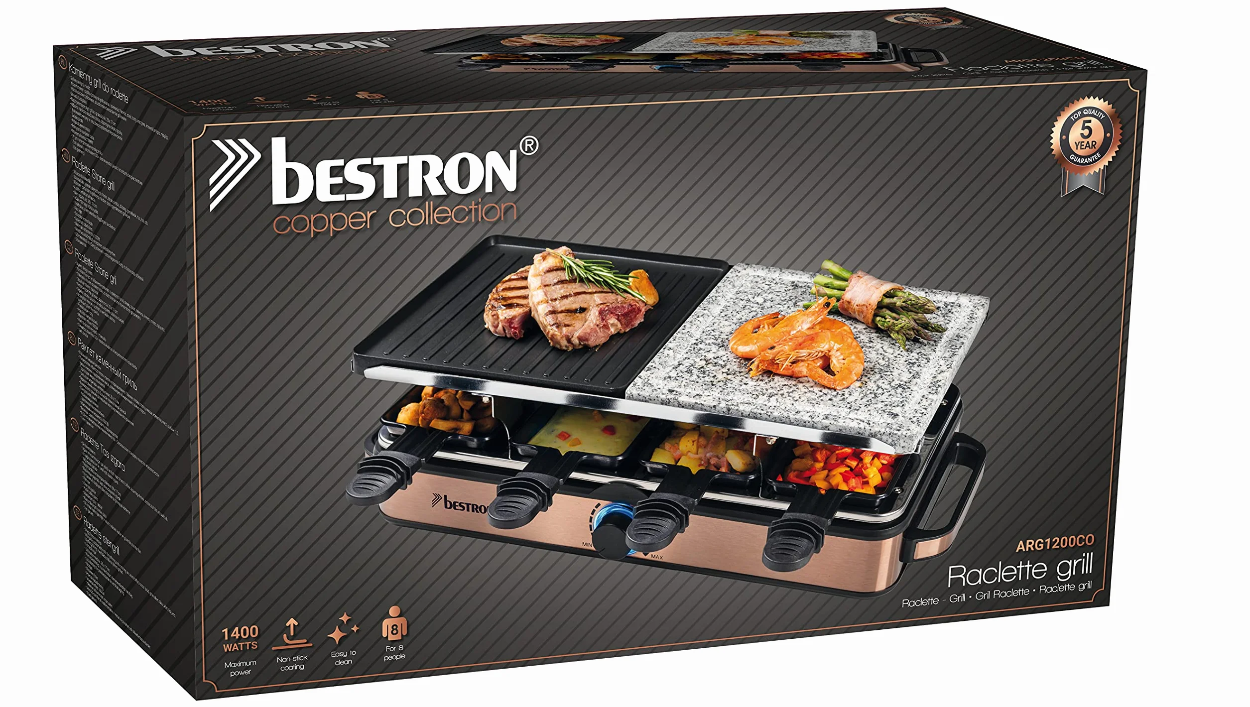 Bestron Grill imprezowy 2 w 1 elektryczny raclette dla 8 osób, naturalny kamień, płyta grillowa z powłoką nieprzywierającą, 8 patelni