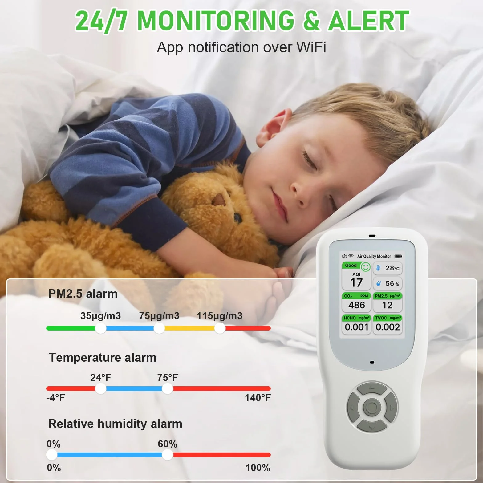 Miernik jakości powietrza 10 w 1, NDIR WiFi monitor jakości powietrza z AQI/CO2/PM1.0/PM2.5/PM10/HCHO/TVOC, temperatura i wilgotność, przenośny detektor formaldehydu z inteligentną aplikacją do domu i