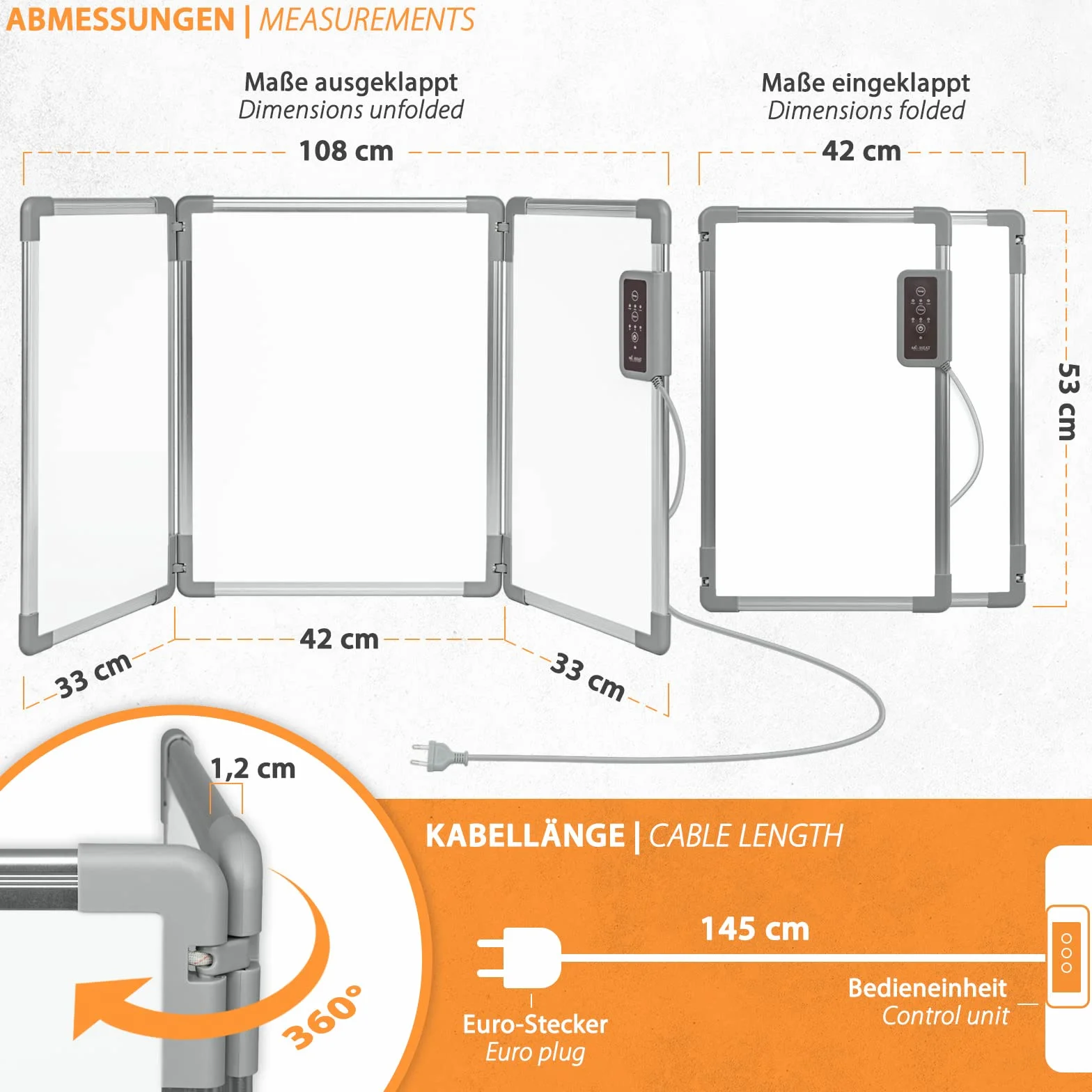 Mi-Heat Składany aluminiowy panel grzewczy, 53 x 108 cm, ogrzewanie na podczerwień 350 W do 80°C, ścianka grzewcza do biura, domu, biura, miejsca pracy, kasy, recepcji