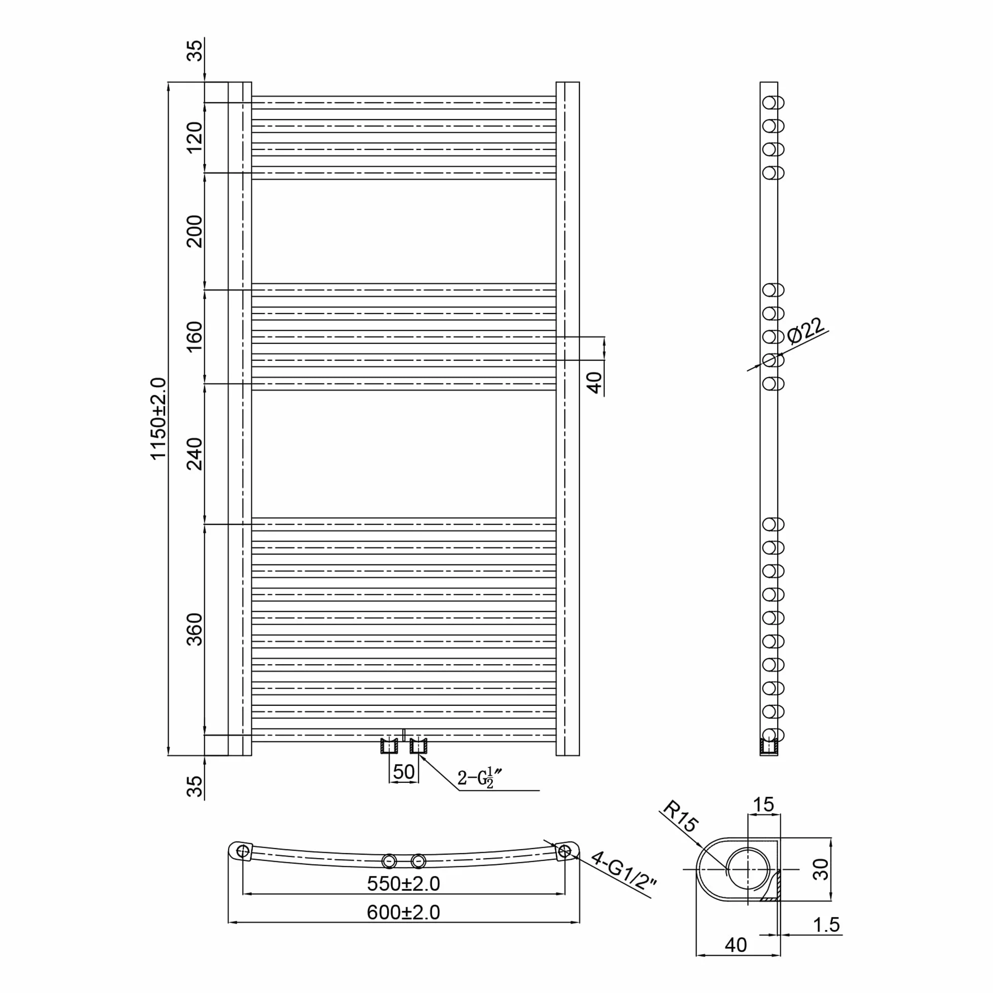 SONNI Grzejnik łazienkowy elektryczny z termostatem 1150 x 600 mm biały wygięty suszarka na ręczniki 600 W