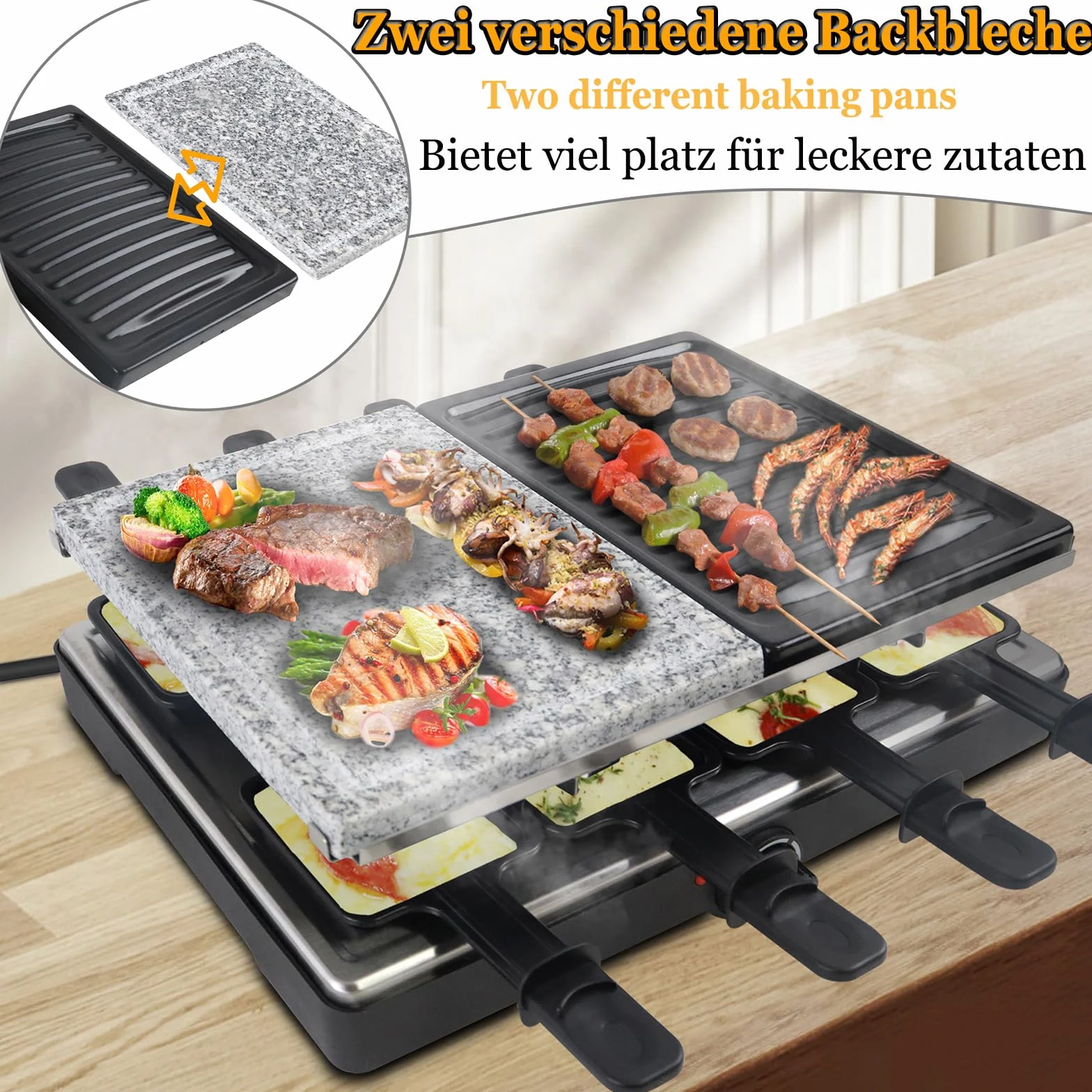 Raclette grill stołowy dla 8 osób, elektryczny, płyta granitowa, zestaw 8 patelenek