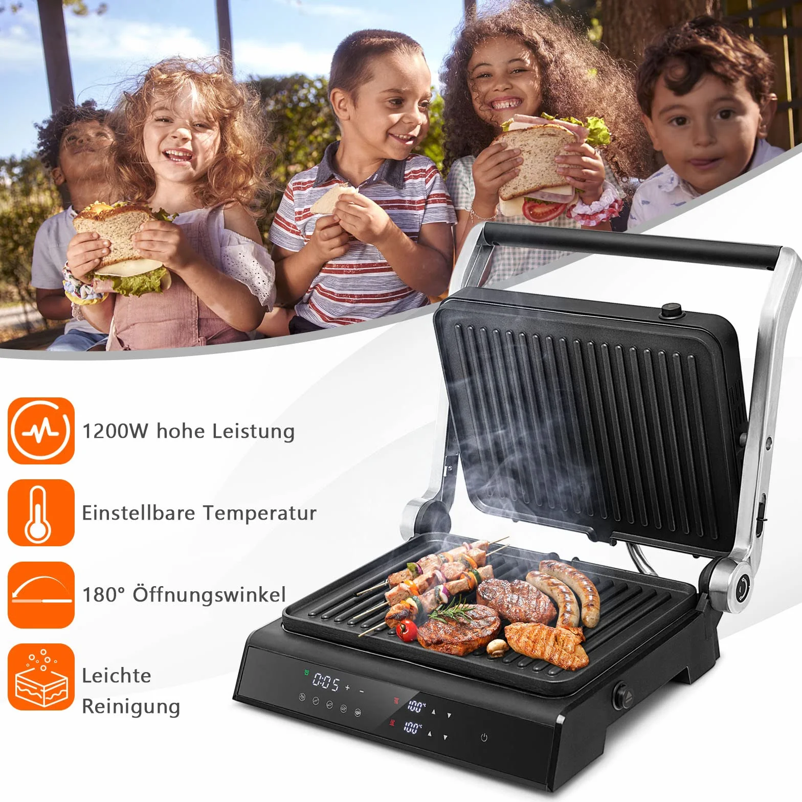 COSTWAY Opiekacz do kanapek 3 w 1, grill kontaktowy 1800 W, gofrownica, 2 wyjmowane płyty nieprzywierające, niezależne i dokładne ustawienie temperatury, 90°C - 230°C, akcesoria łatwe do czyszczenia