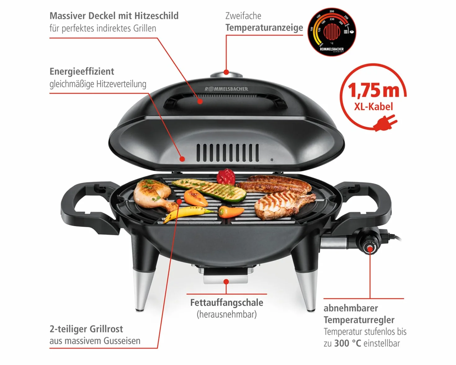 ROMMELSBACHER Barbecue BBQ 4000, 2-częściowy ruszt do grillowania z żeliwa, pokrywa na zawiasach ze wskaźnikiem temperatury, temperatury do 300°C, bezstopniowa regulacja, możliwość rozszerzenia o
