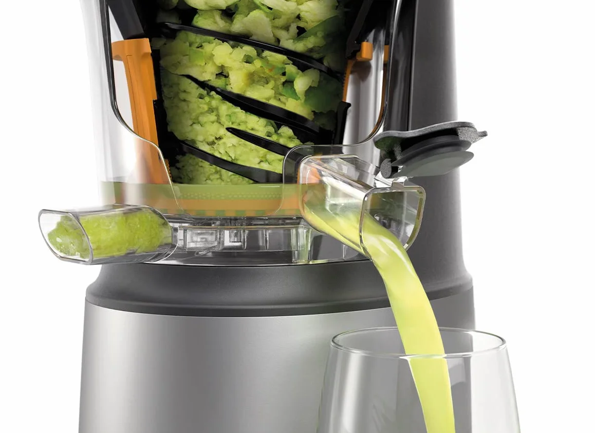 Kenwood PureJuice JMP85.00SI, wyciskarka wolnoobrotowa, dwie tuby XL na całe owoce, niskie obroty dla zachowania wartości odżywczych z przetwarzanych składników, 230 W, srebrny