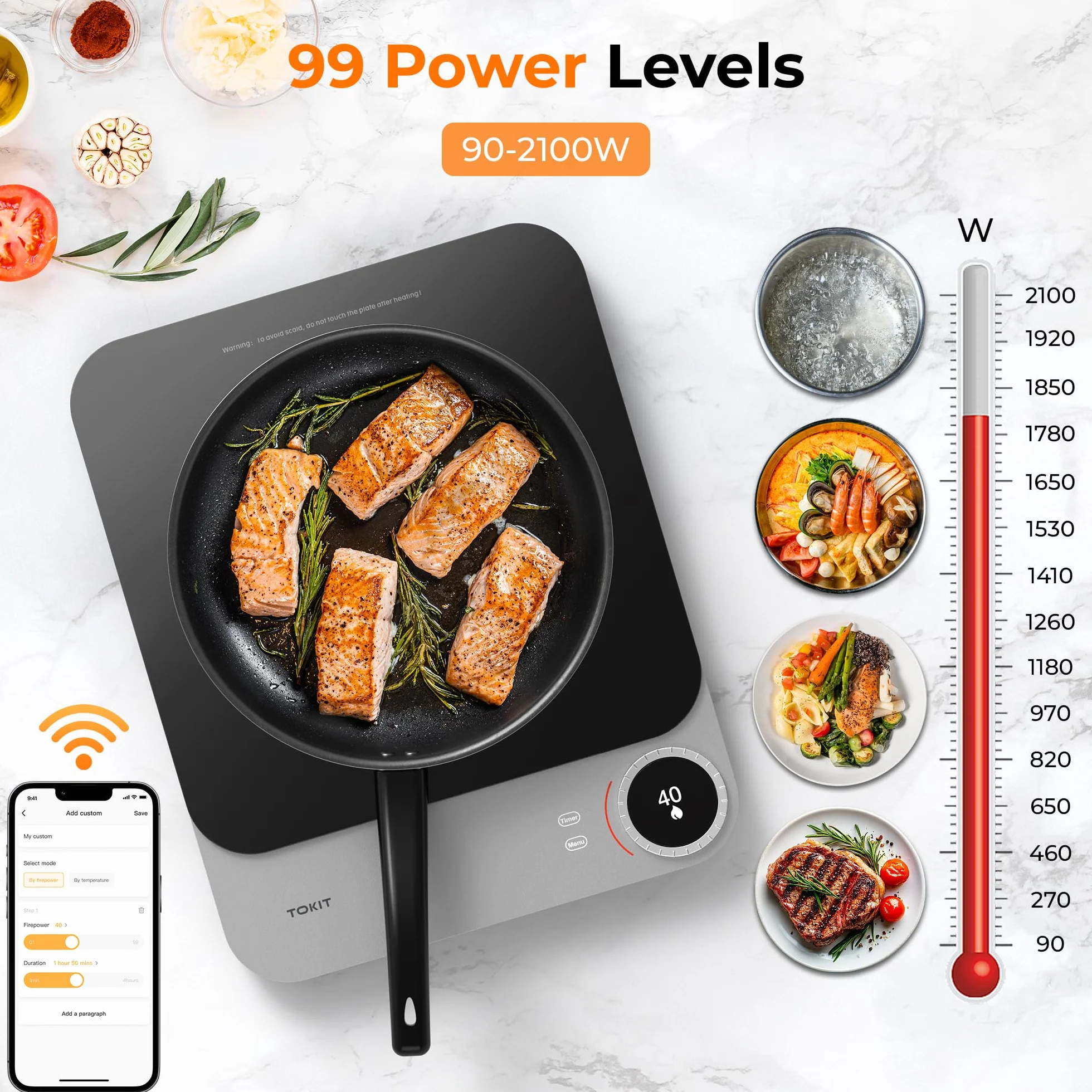 TOKIT Przenośna płyta indukcyjna - ultra cienka elektryczna, 99 poziomów mocy 2100 W, Xiaomi Home App sterowanie ręczne i dostosowywanie trybu gotowania na kemping kuchnia