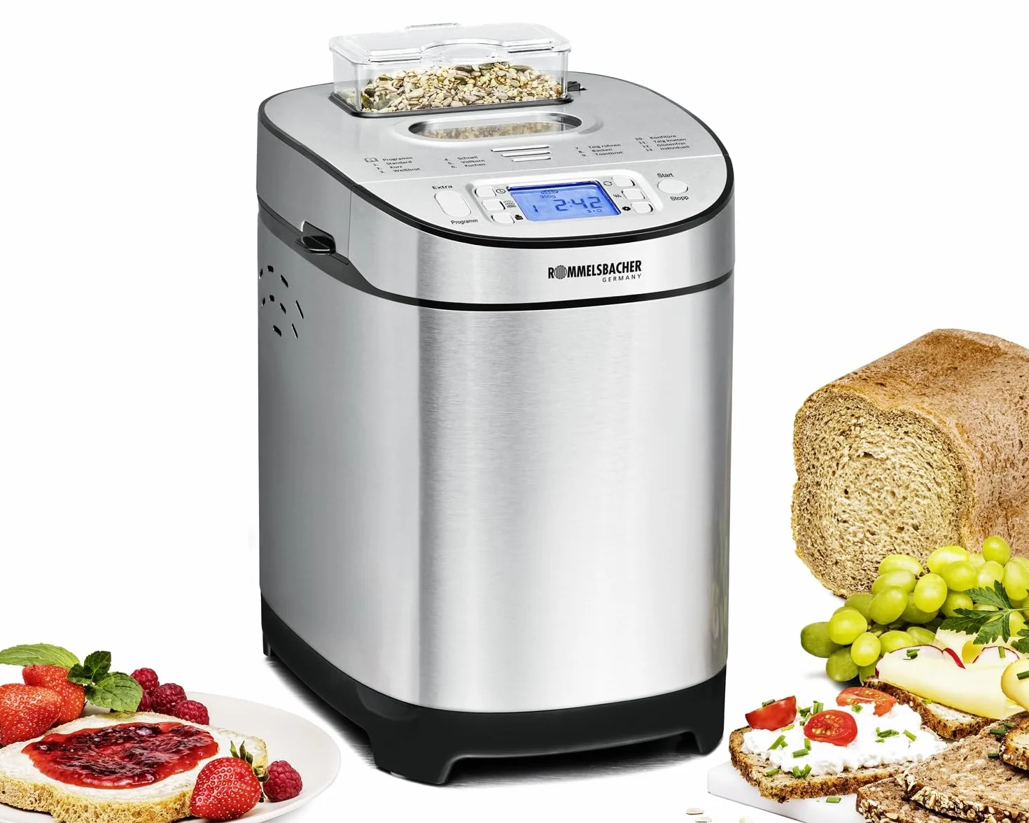 ROMMELSBACHER Automat do pieczenia chleba BA 550 – 13 programów, automatyczny pojemnik na składniki, 2 rozmiary chleba (700 g/900 g), regulowany stopień opiekania na 3 poziomach, również do chleba bez glutenu, stal nierdzewna/czarny