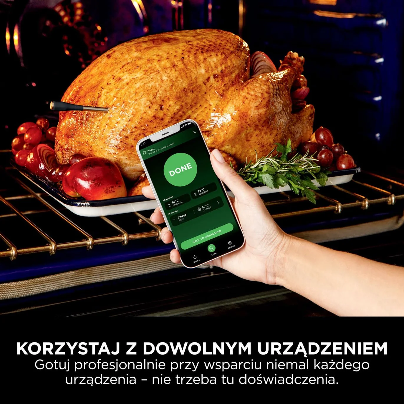 Ninja ProChef Bezprzewodowy Termometr do Mięsa, do Użytku na Zewnątrz i Wewnątrz, do Gotowania, Grillowania i Smażenia Beztłuszczowego, Wodoodporny, Zasięg Bluetooth 50 m, Bateriia na 30 h, WP100EU