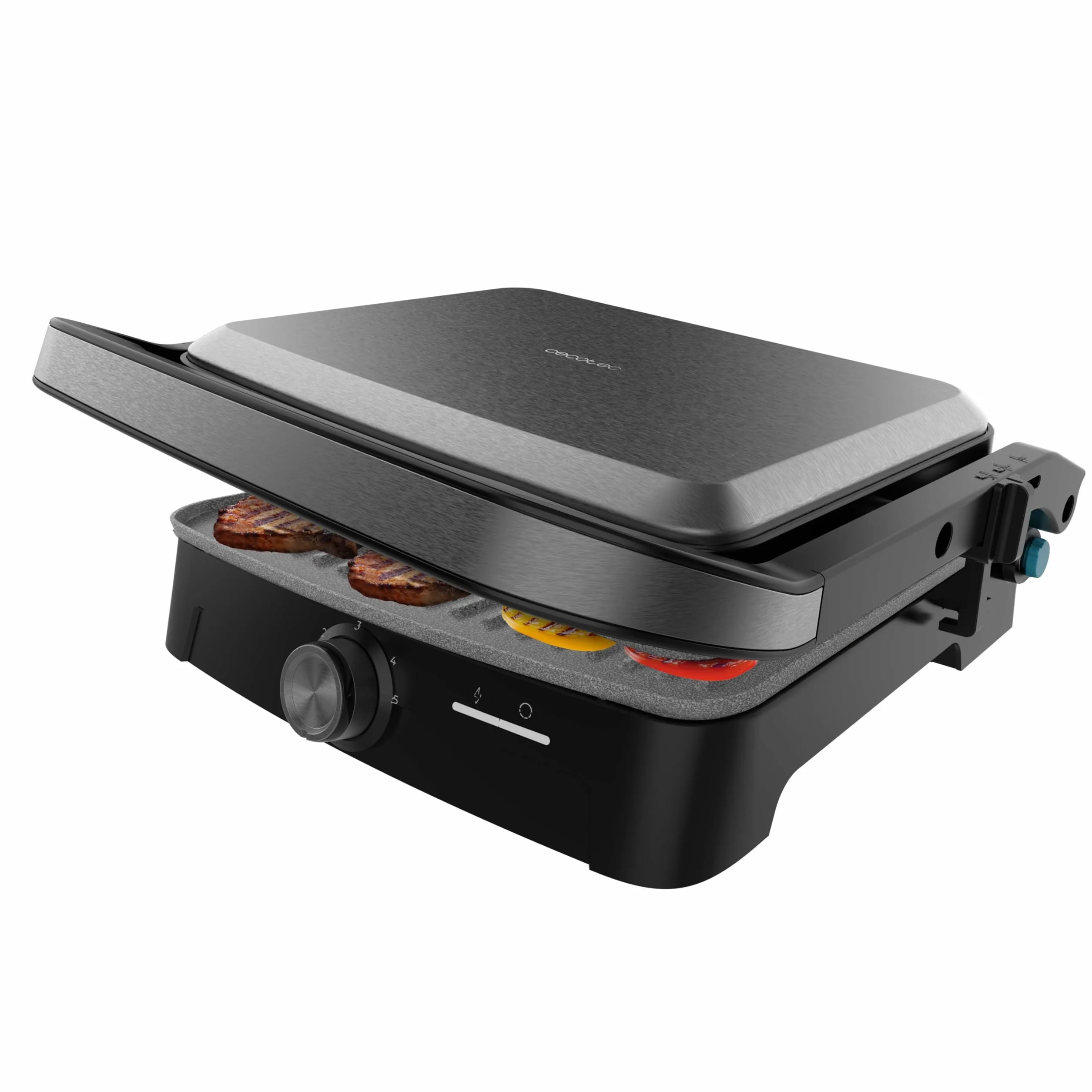 Cecotec Rock'nGrill 2000 Full Open 2000 W otwór 180° nieprzywierający RockStone pływająca płyta regulacja temperatury 279 x 229 mm