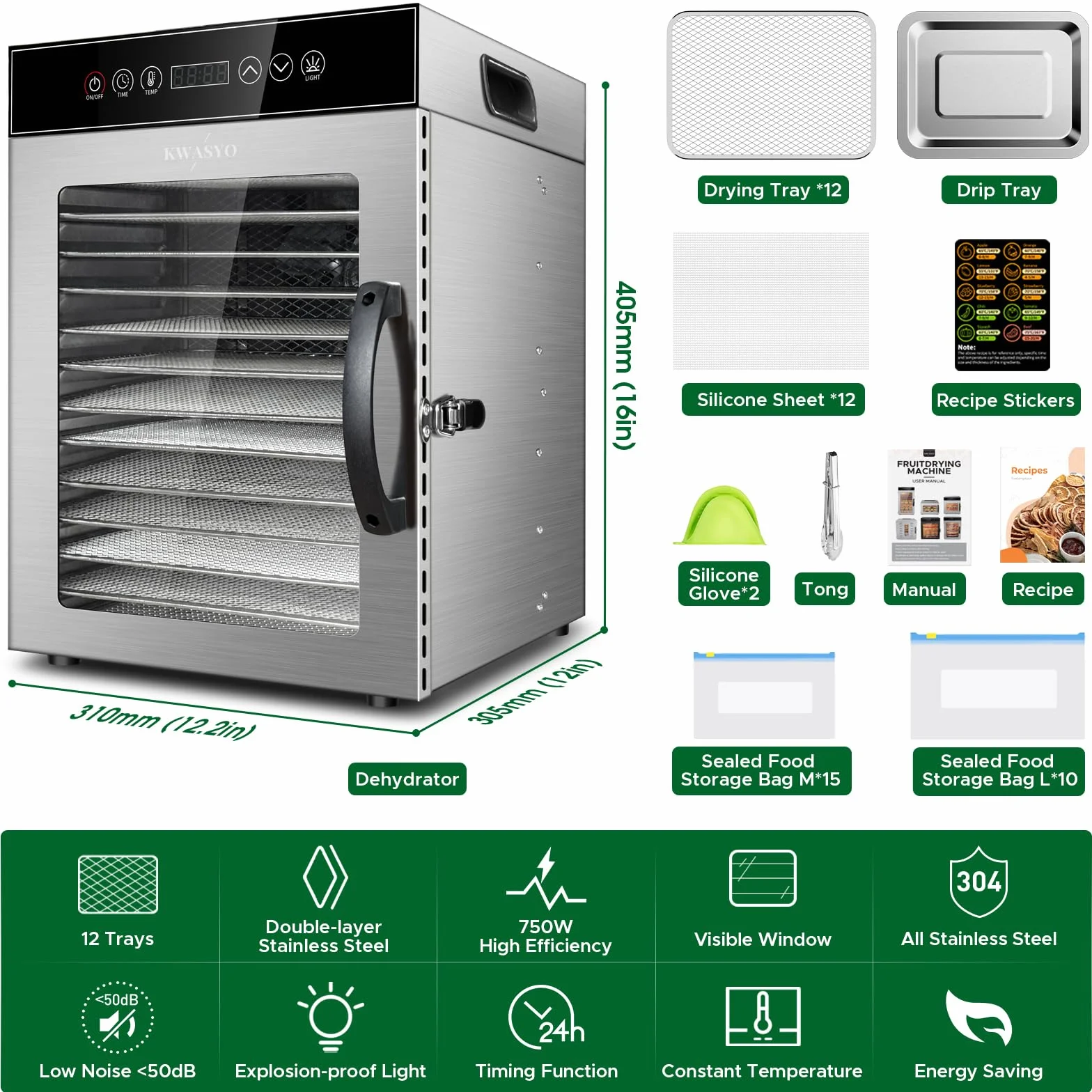 Kwasyo Odwadniacz żywności 12 tac stal nierdzewna 750 W suszarka do żywności cyfrowy timer