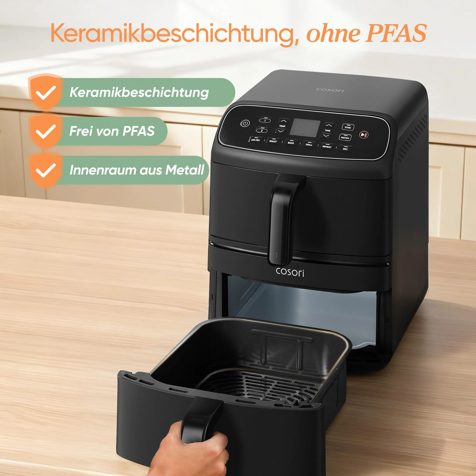 COSORI Airfryer z powłoką ceramiczną, dwukomorowa frytkownica beztłuszczowa bez PFAS, pojemność 8,6 l, konstrukcja dwupoziomowa, technologia cyrkulacji gorącego powietrza