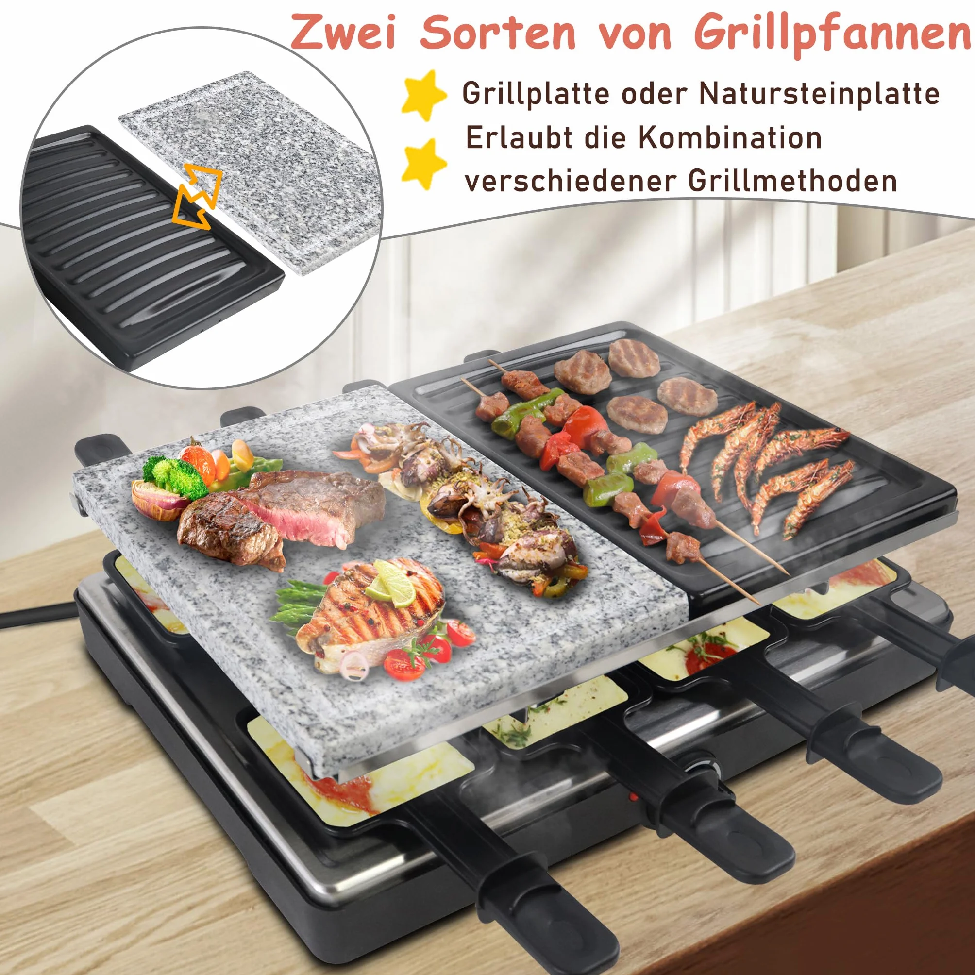YRHome Grill Raclette 1500 W dla 8 Osób z Płytą Kamienną i Grillową, 8 Patelni, Bezstopniowa Regulacja Temperatury
