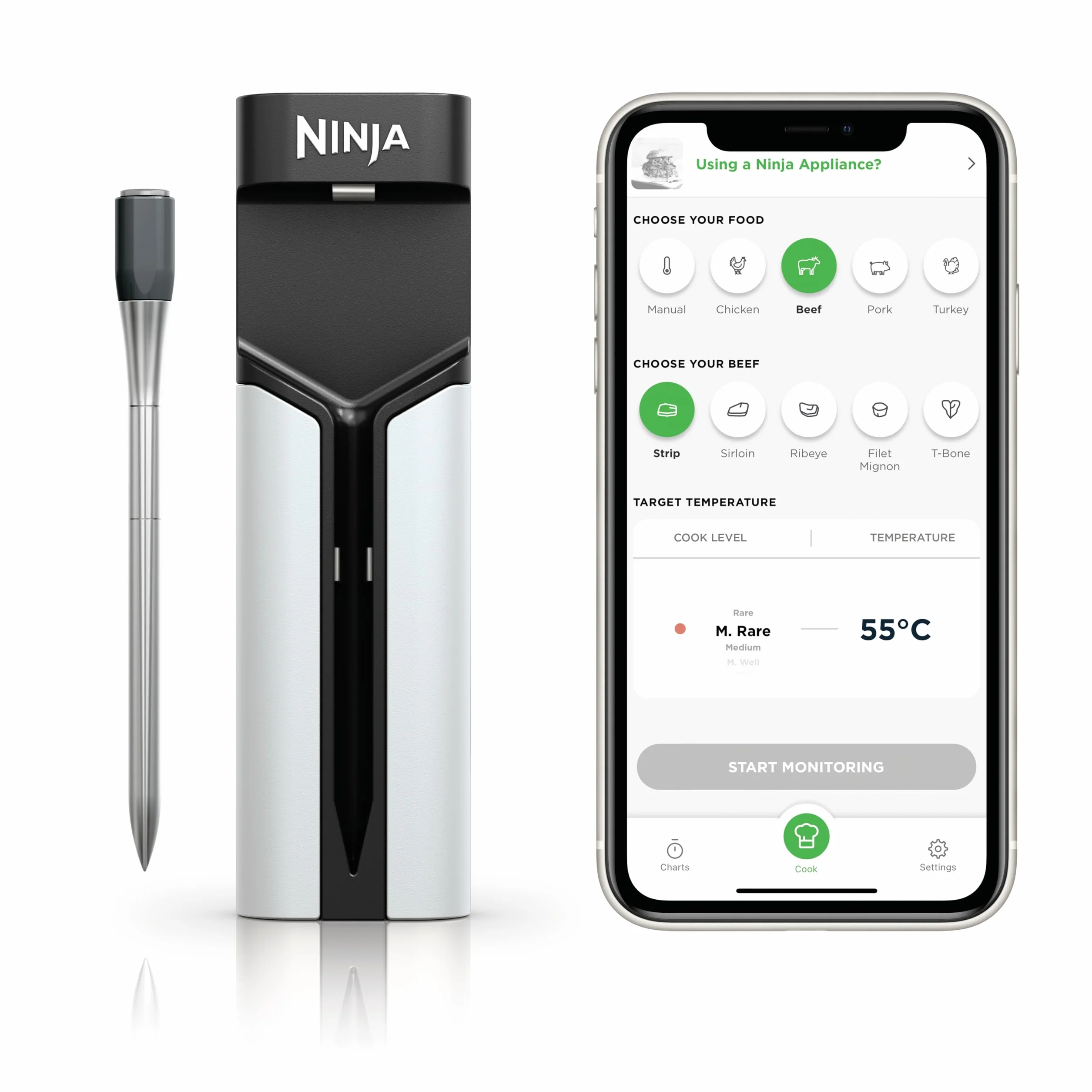 Ninja ProChef Bezprzewodowy Termometr do Mięsa, do Użytku na Zewnątrz i Wewnątrz, do Gotowania, Grillowania i Smażenia Beztłuszczowego, Wodoodporny, Zasięg Bluetooth 50 m, Bateriia na 30 h, WP100EU